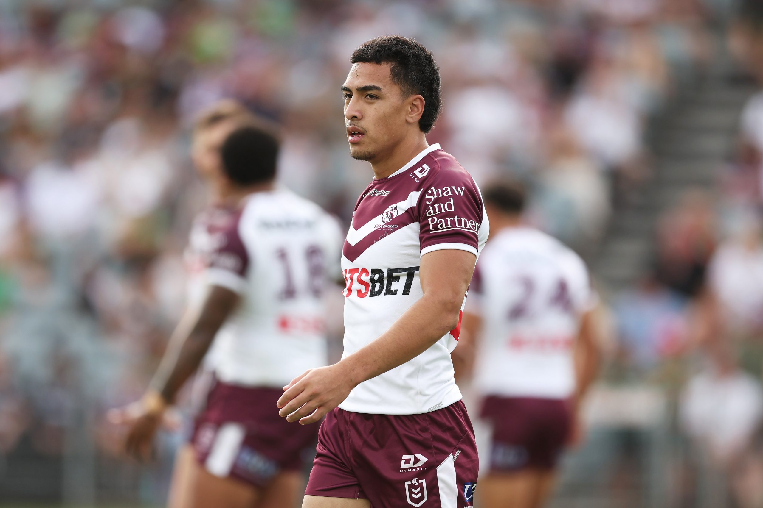 Lehi Hopoate of the Sea Eagles during an NRL pre-season trial match.