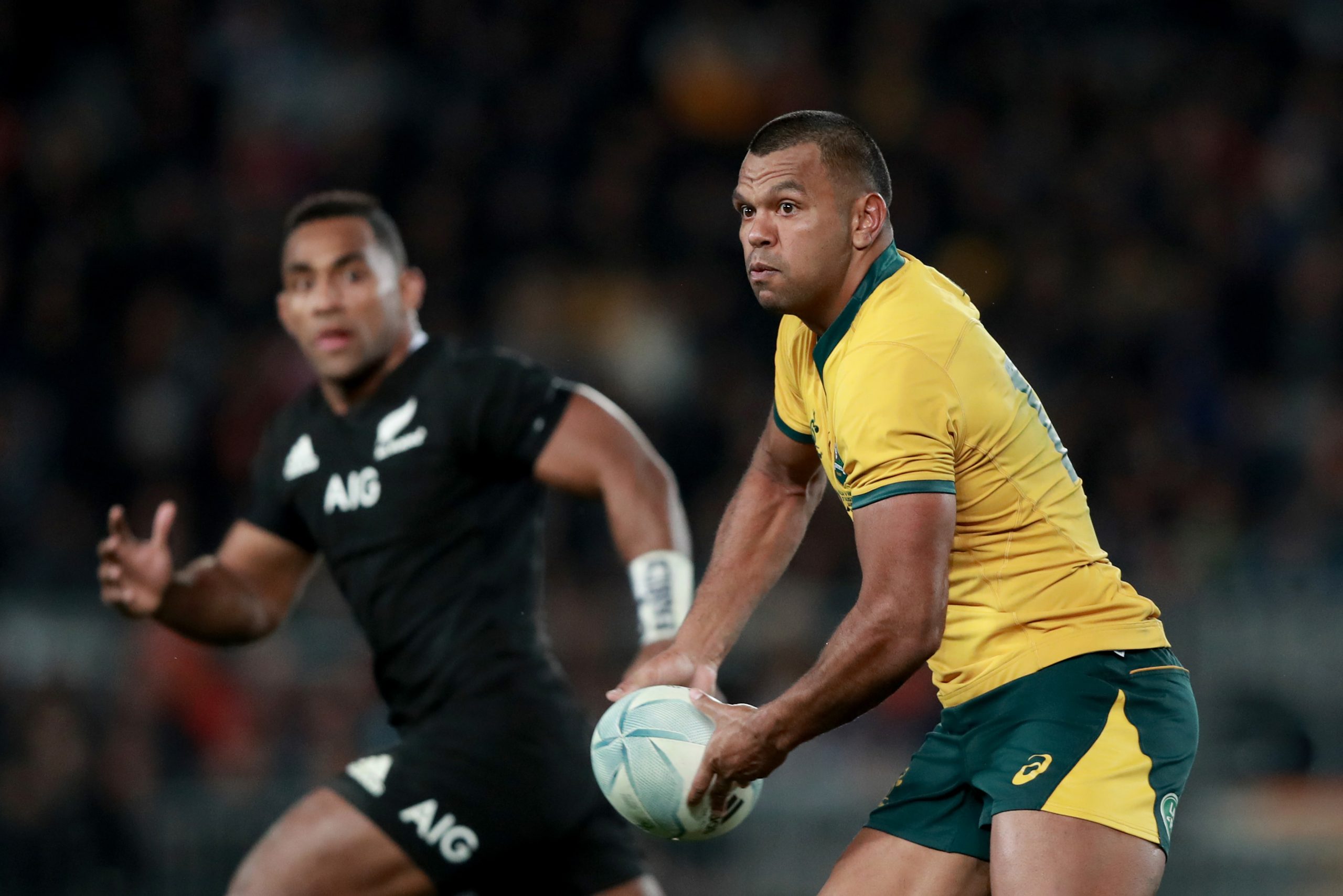 Kurtley Beale of the Wallabies looks to pass the ball during the 2019 Rugby Championship Test against the New Zealand All Blacks at Eden Park.