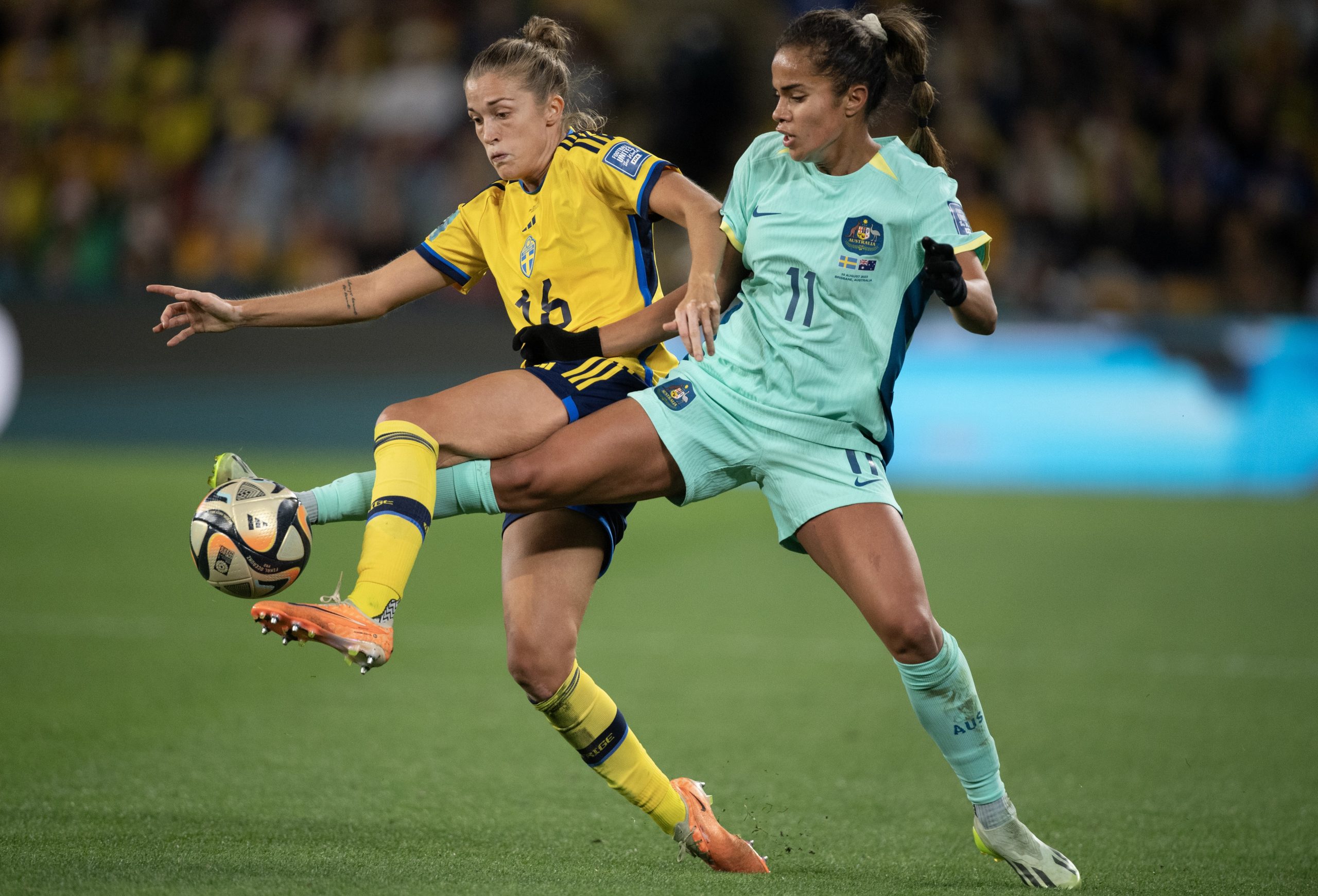 Mary Fowler tries to steal the ball from a Swedish opponent during last year's World Cup.