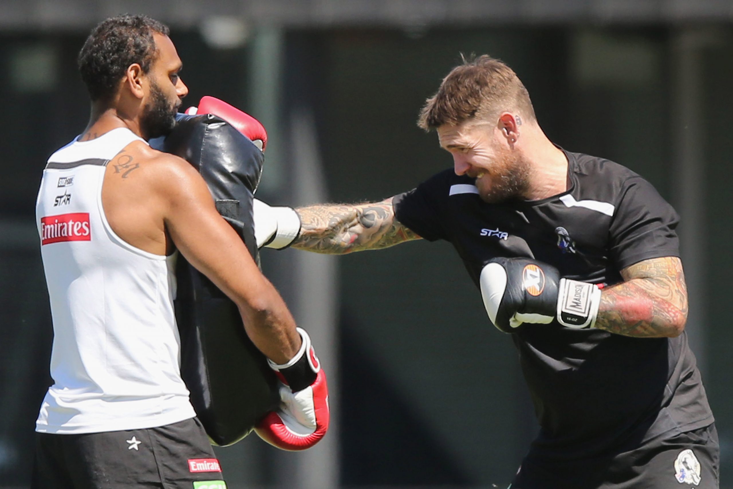 Dane Swan boxes during a Collingwood Magpies training session at Gosch's Paddock.