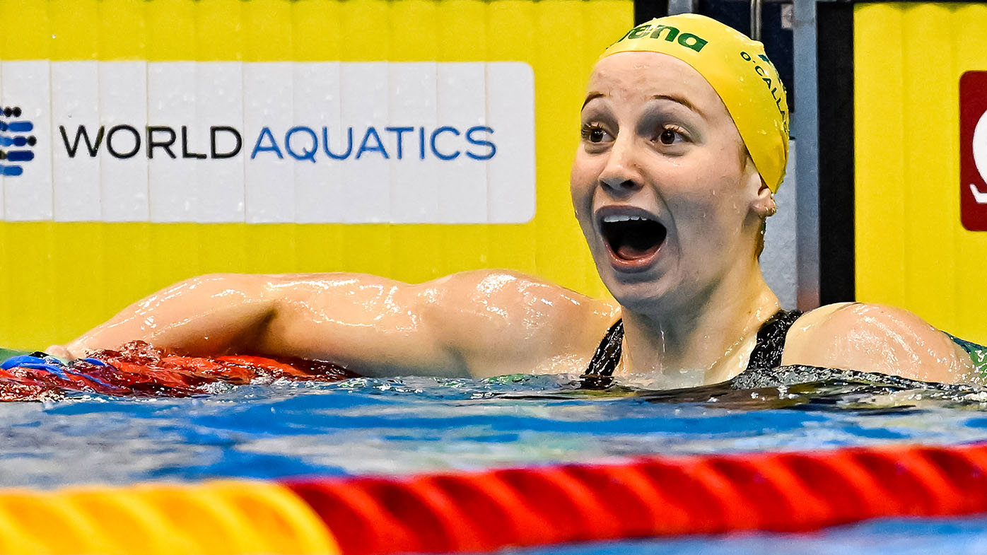 A stunned Mollie O'Callaghan after winning gold and setting a new world record in the women's 200m freestyle at the 2023 World Aquatics Championships in Fukuoka.