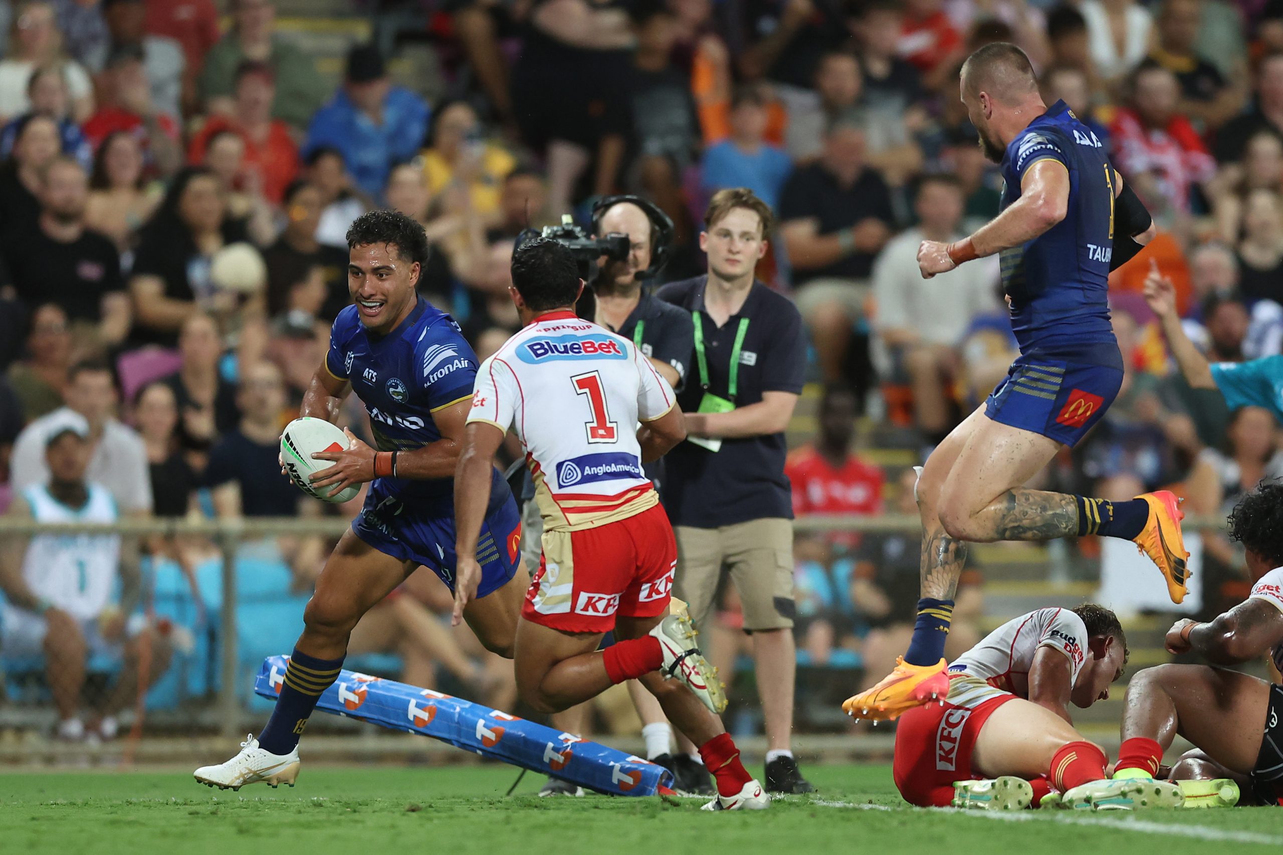 Will Penisini of the Eels scores against the Dolphins at TIO Stadium. 