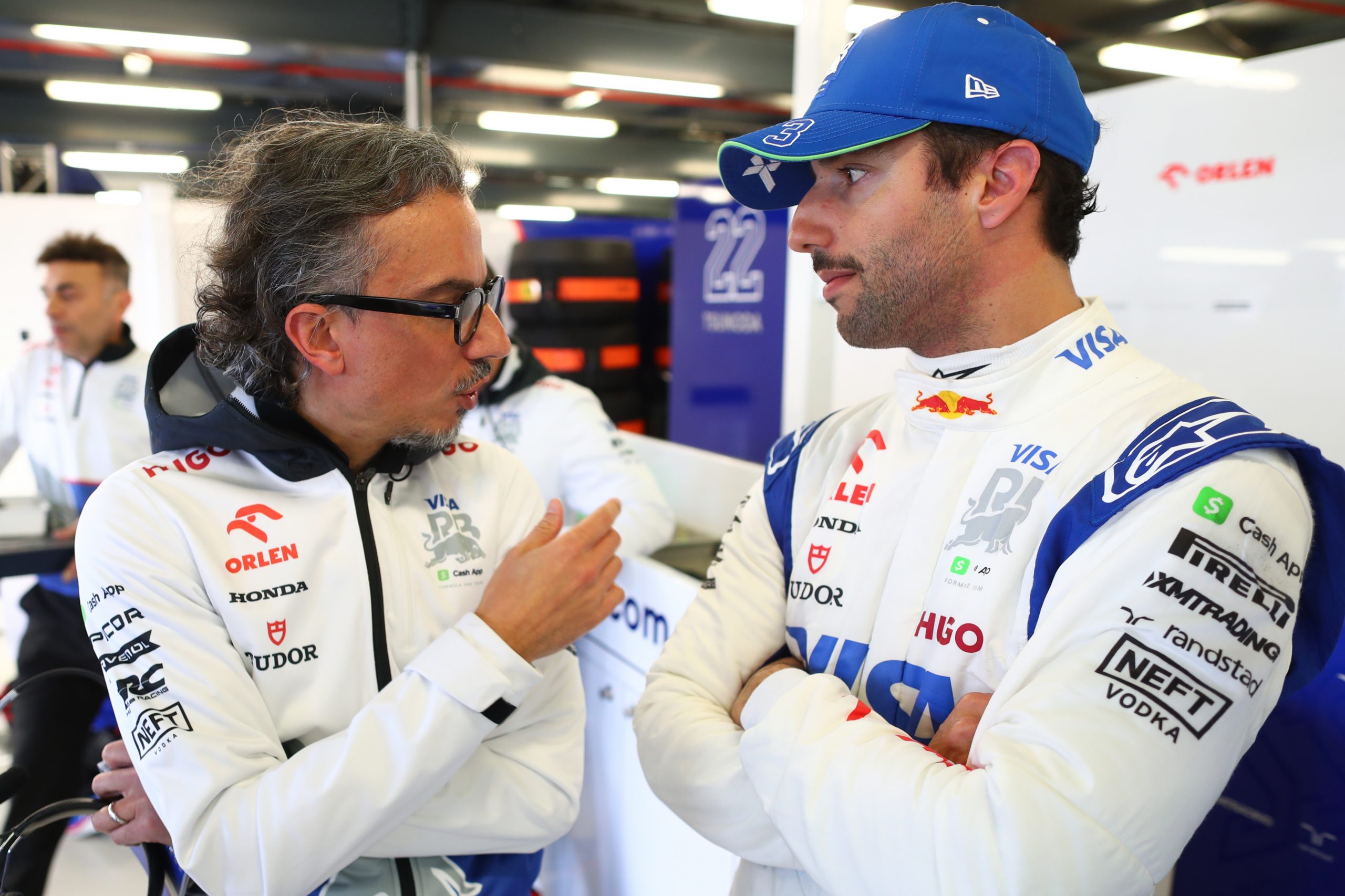 Laurent Mekies of Visa Cash App RB talks to Daniel Ricciardo of Australia and Visa Cash App RB during practice ahead of the F1 Grand Prix of Australia at Albert Park Circuit on March 22, 2024 in Melbourne, Australia. (Photo by Peter Fox/Getty Images)