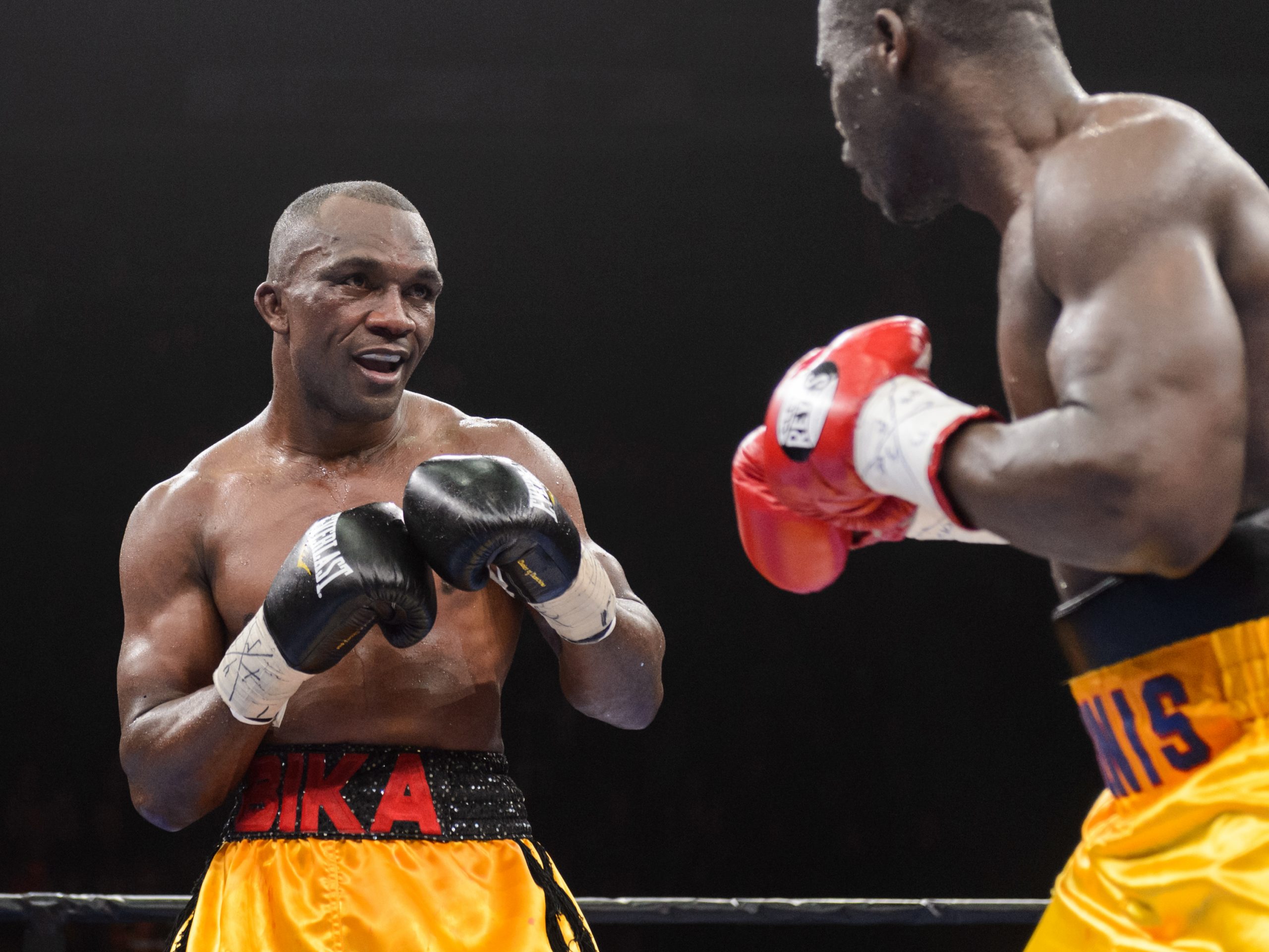 Sakio Bika watches his opponent Adonis Stevenson during the light heavyweight world championship fight in 2015.