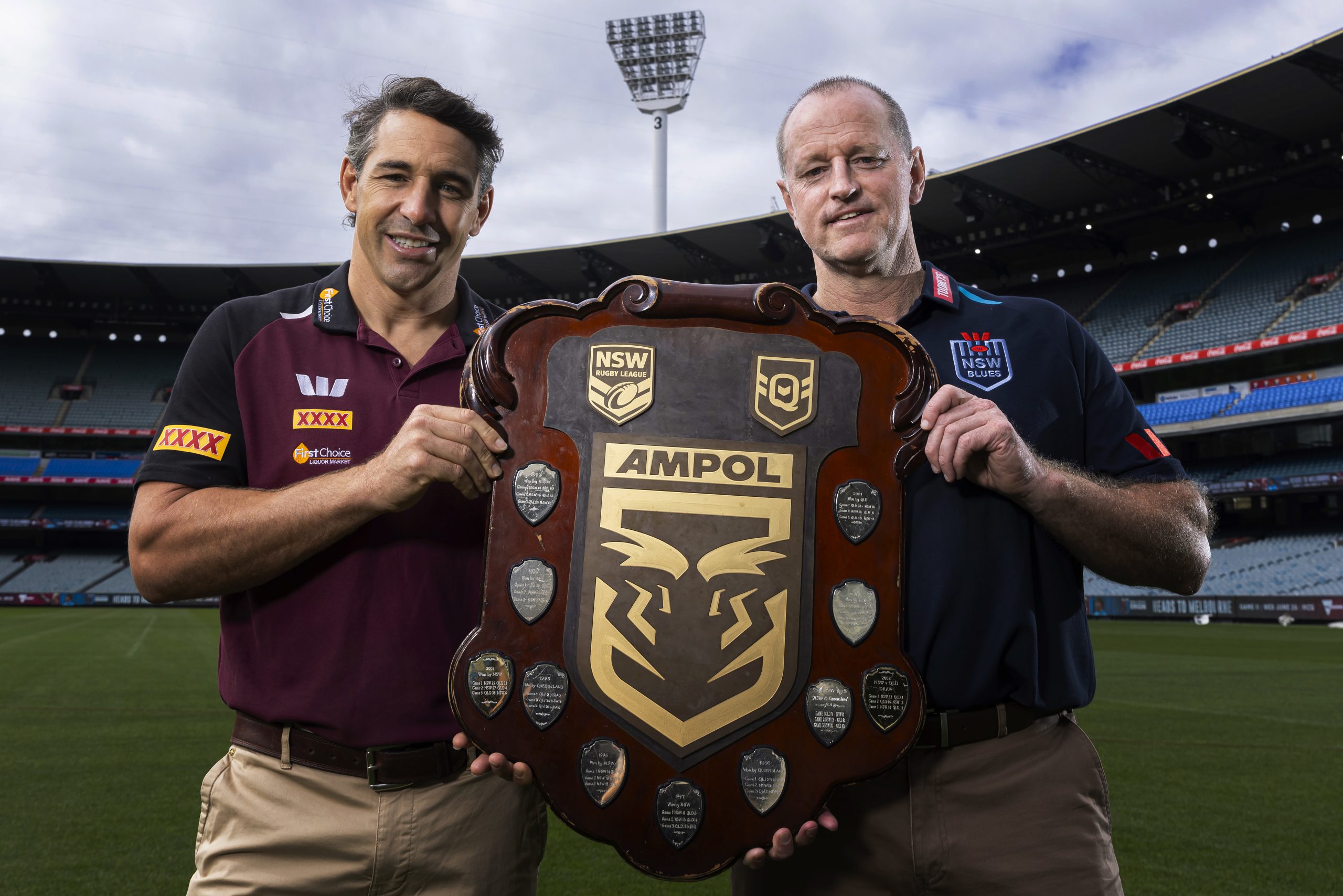 QLD Maroons head coach Billy Slater and NSW Blues head coach Michael Maguire with the State of Origin shield.