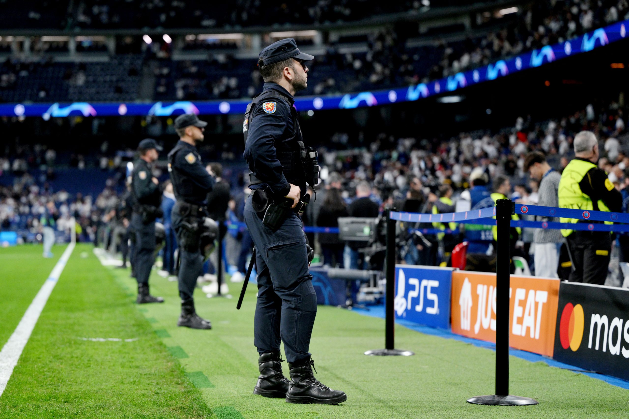 A police officer inside the Estadio Santiago Bernabeu in Madrid.