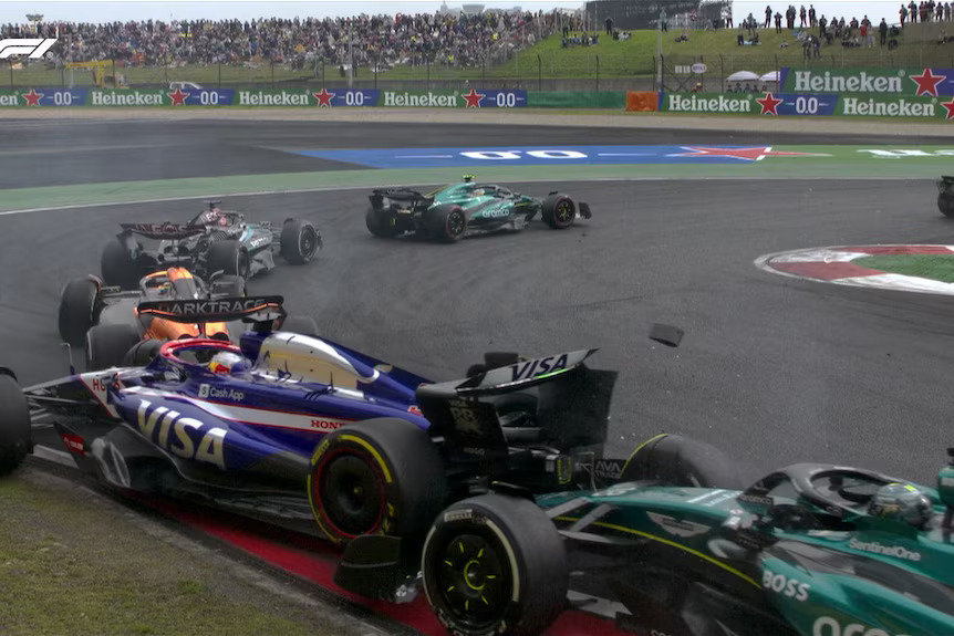 Lance Stroll rear-ends Daniel Ricciardo while behind the safety car at the Chinese Grand Prix.