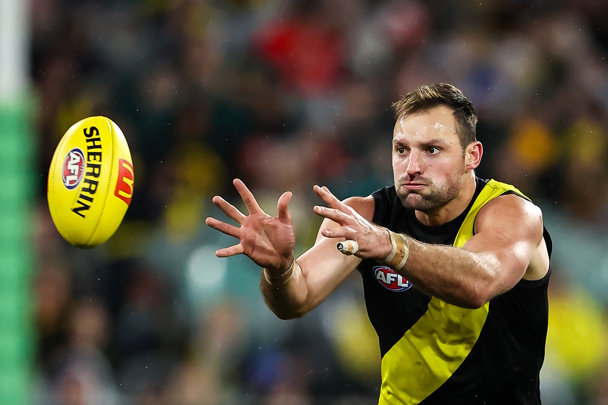 MELBOURNE, AUSTRALIA - JULY 06: Toby Nankervis of the Tigers in action during the 2023 AFL Round 17 match between the Richmond Tigers and the Sydney Swans at the Melbourne Cricket Ground on July 6, 2023 in Melbourne, Australia. (Photo by Dylan Burns/AFL Photos via Getty Images)