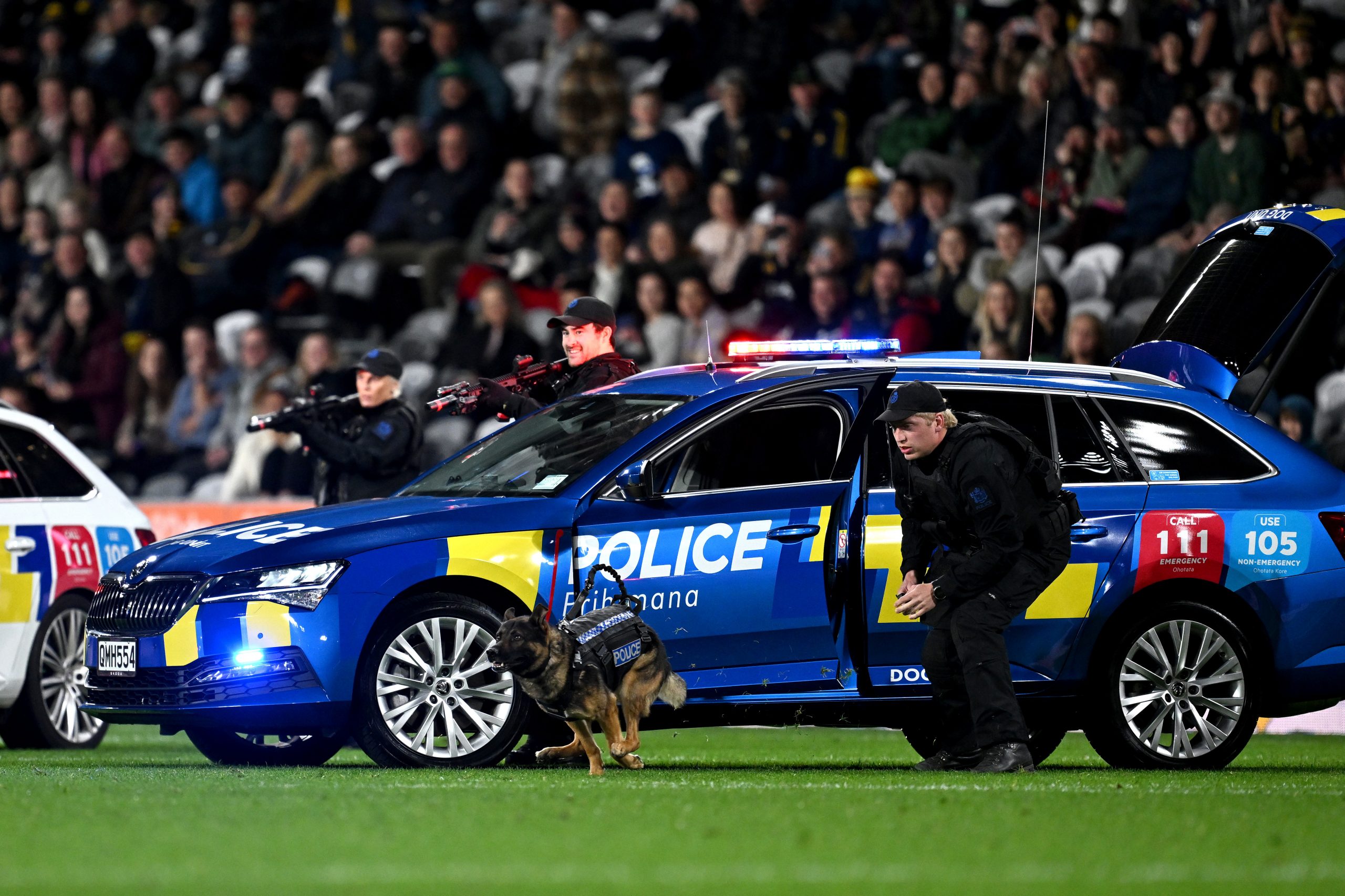 New Zealand Police staff perform a demonstration at halftime at Forsyth Barr Stadium.