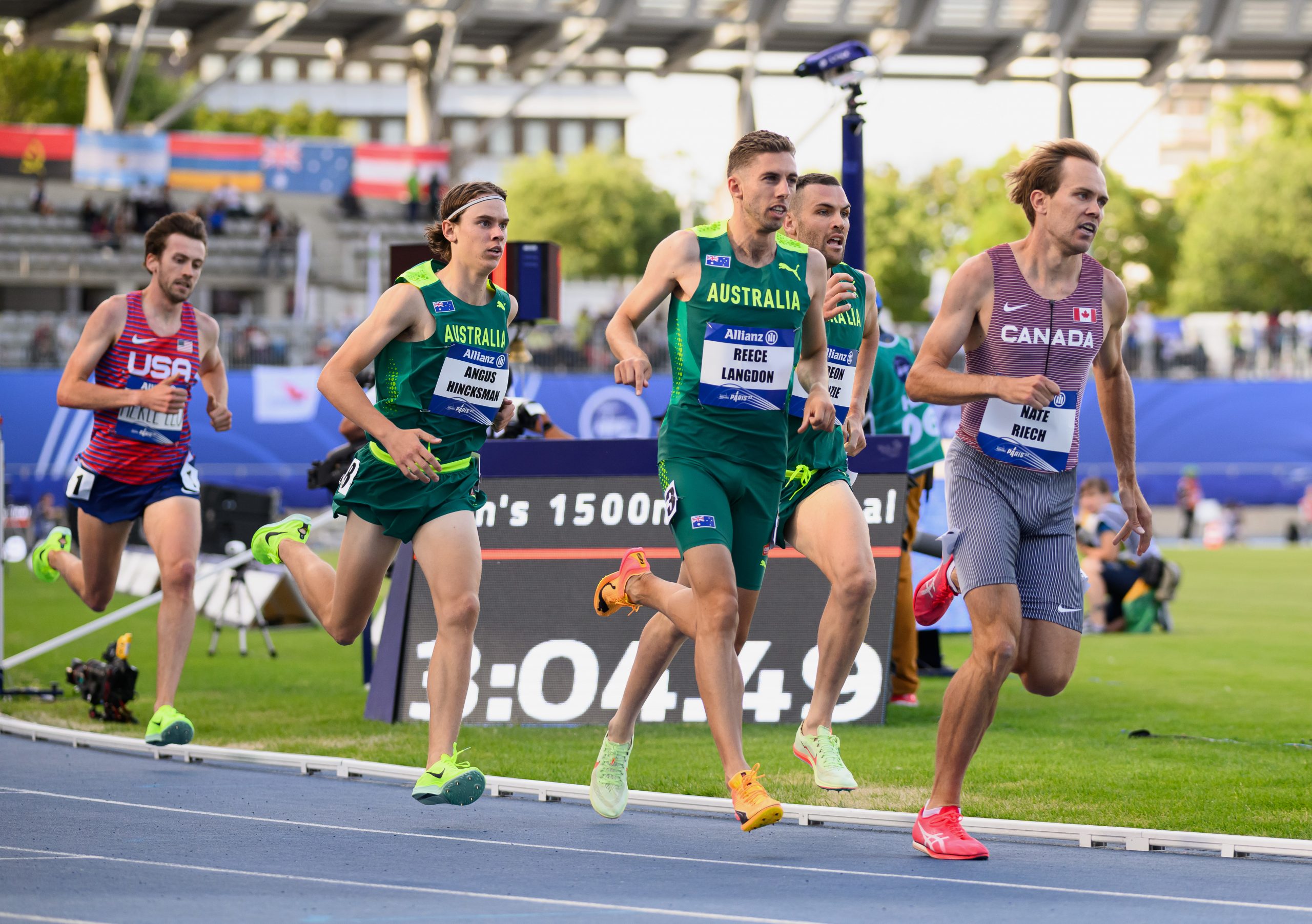 Australia's Angus Hincksman, Deon Kenzie and Reece Langdon racing over 1500m at the 2023 Para Athletics World Championships in Paris.