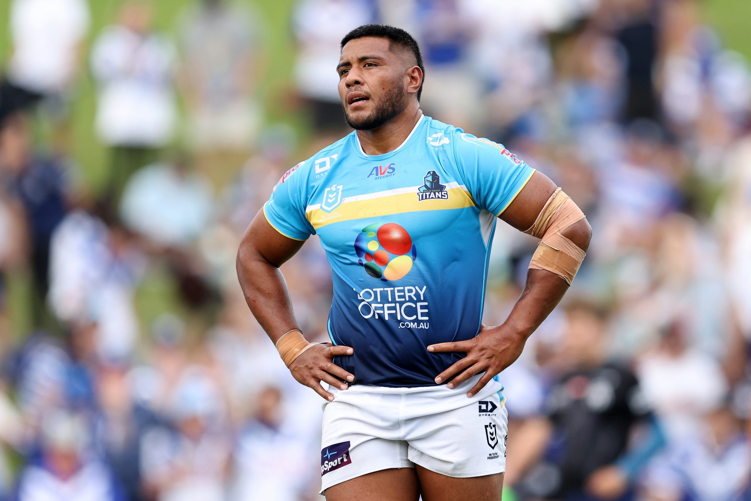 Moeaki Fotuaika of the Titans reacts at full-time during the round three NRL match against the Bulldogs.