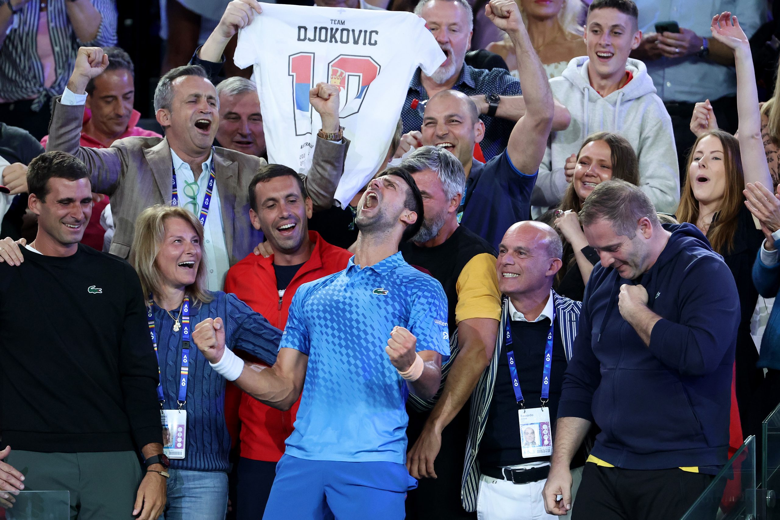 Novak Djokovic of Serbia celebrates winning championship point with Dijana Djokovic, Goran Ivanisevic and his player box in the Mens Singles Final against Stefanos Tsitsipas of Greece during day 14 of the 2023 Australian Open at Melbourne Park on January 29, 2023 in Melbourne, Australia. (Photo by Lintao Zhang/Getty Images)