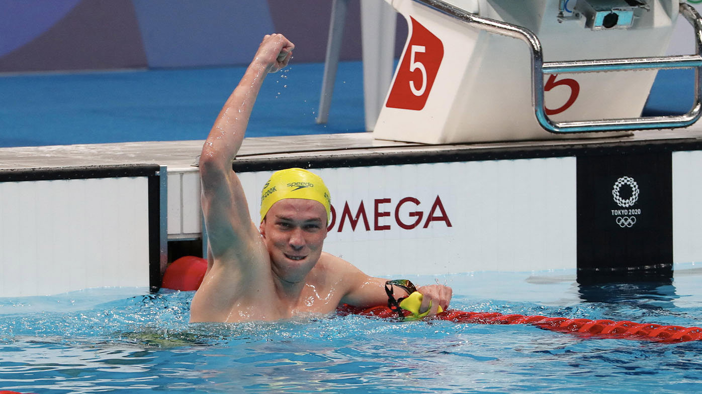 Zac Stubblety-Cook celebrates winning 200m breaststroke gold at the Tokyo Olympics in 2021.