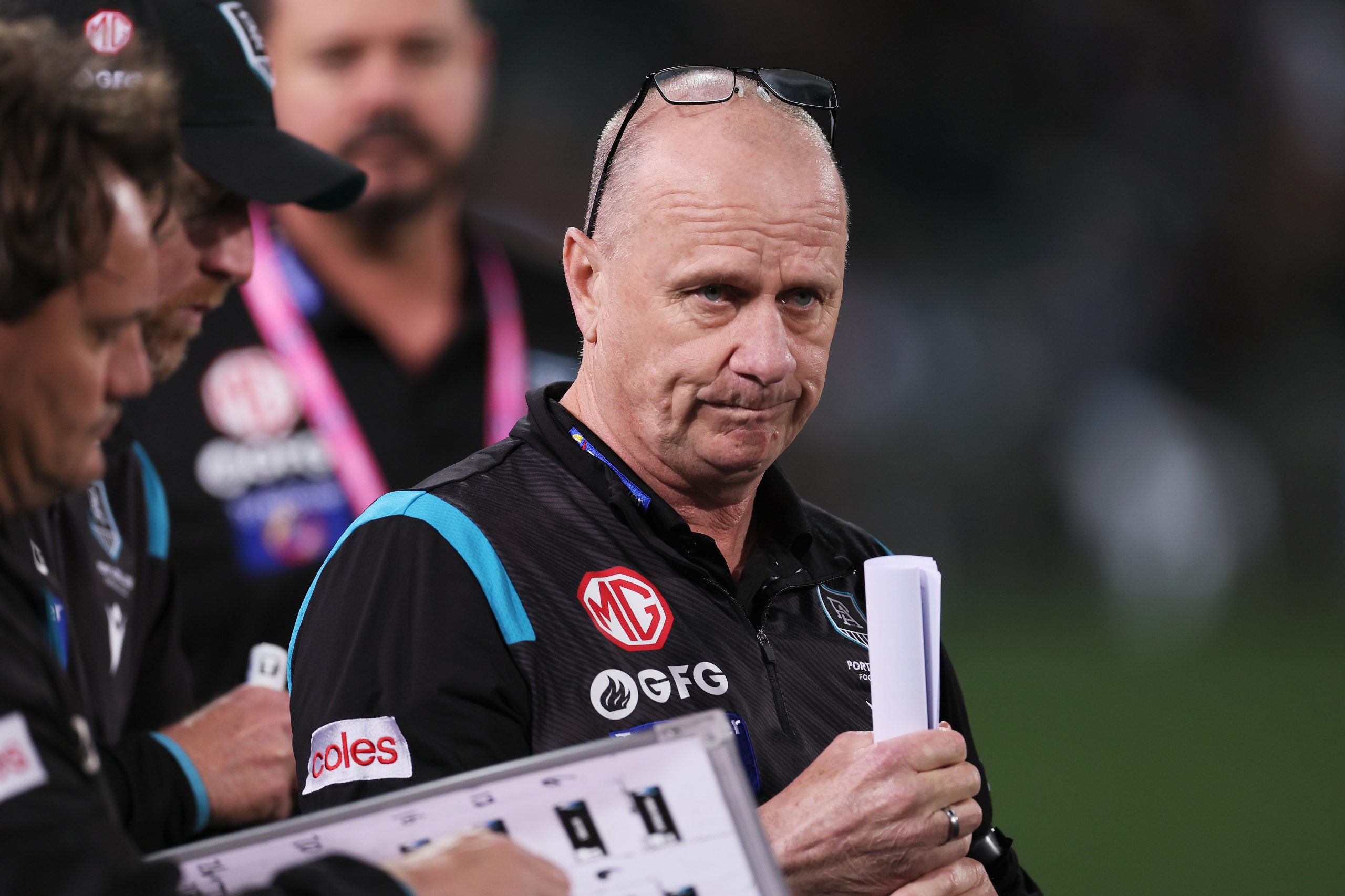 ADELAIDE, AUSTRALIA - SEPTEMBER 16: Ken Hinkley, Senior Coach of the Power during the 2023 AFL Second Semi Final match between the Port Adelaide Power and the GWS GIANTS at Adelaide Oval on September 16, 2023 in Adelaide, Australia. (Photo by James Elsby/AFL Photos via Getty Images)