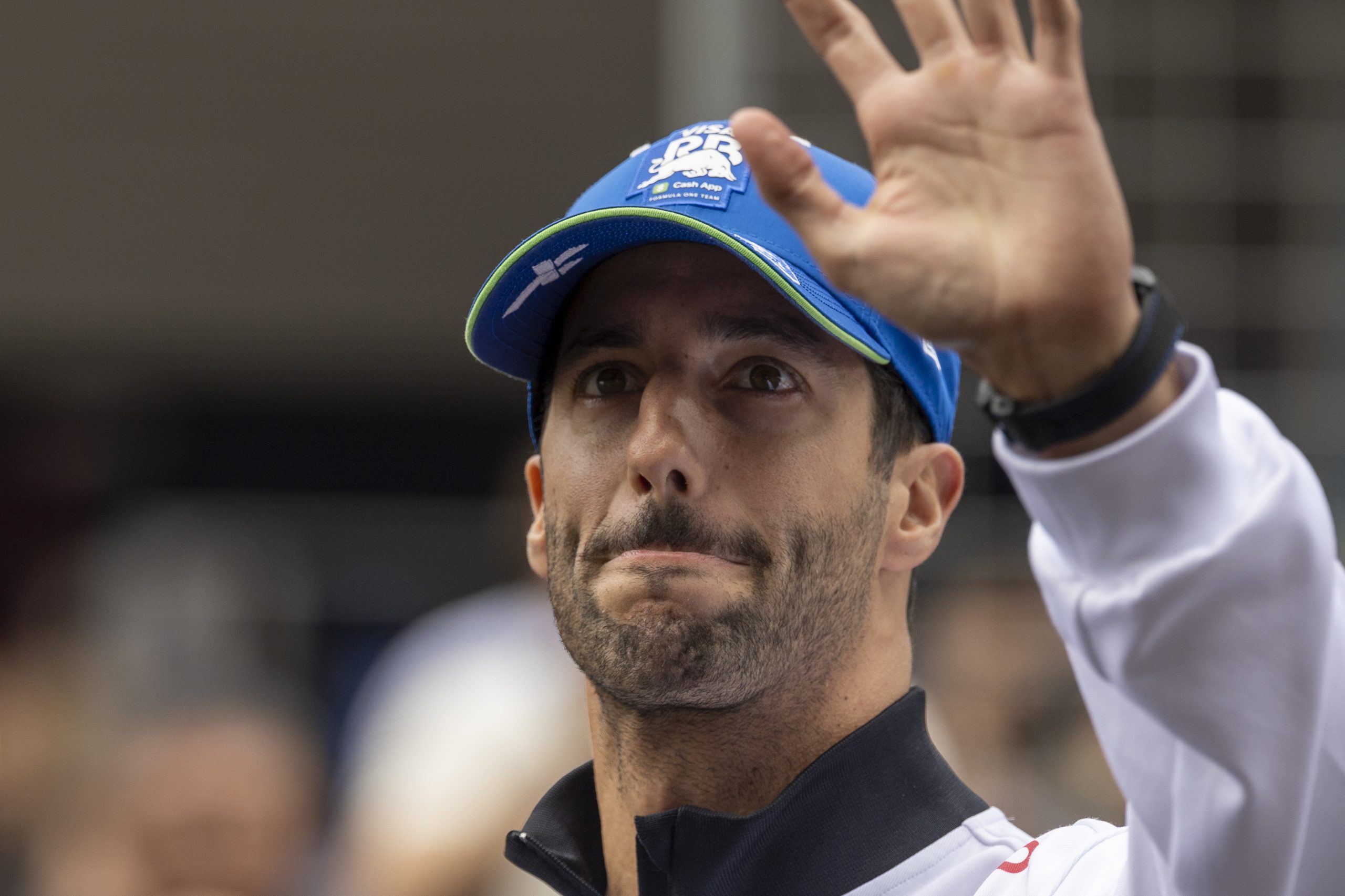 Daniel Ricciardo of Australia and Visa Cash App RB reacts from the drivers parade prior to the F1 Grand Prix of China at Shanghai International Circuit on April 21, 2024 in Shanghai, China. (Photo by Edmund So/Eurasia Sport Images/Getty Images)