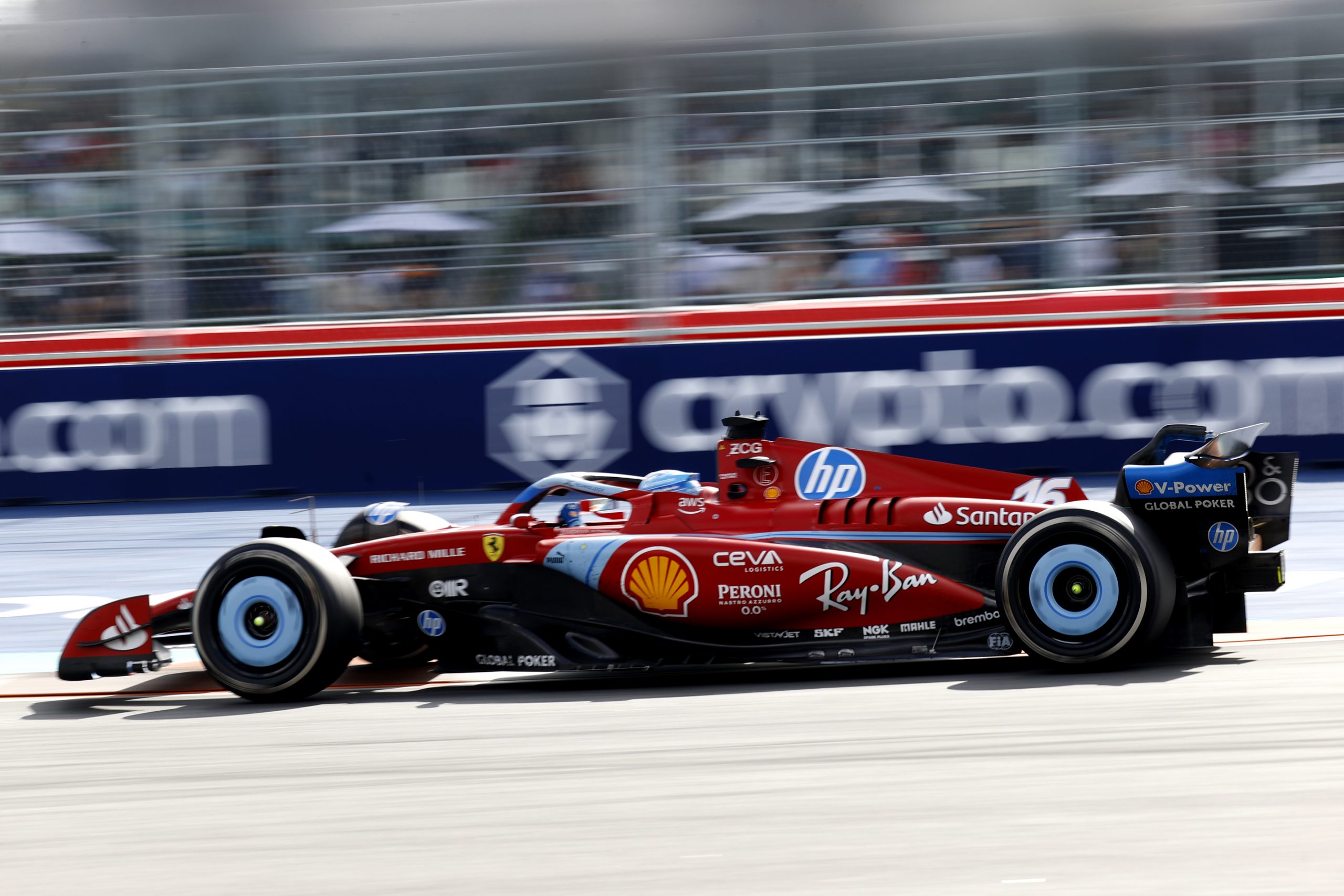 Scuderia Ferrari driver Charles Leclerc #16 of Monaco enters turn 1 during the running of the F1 Crypto.com Miami Grand Prix on May 5, 2024 at Miami International Autodrome in Miami Gardens, FL. (Photo by Jeff Robinson/Icon Sportswire)