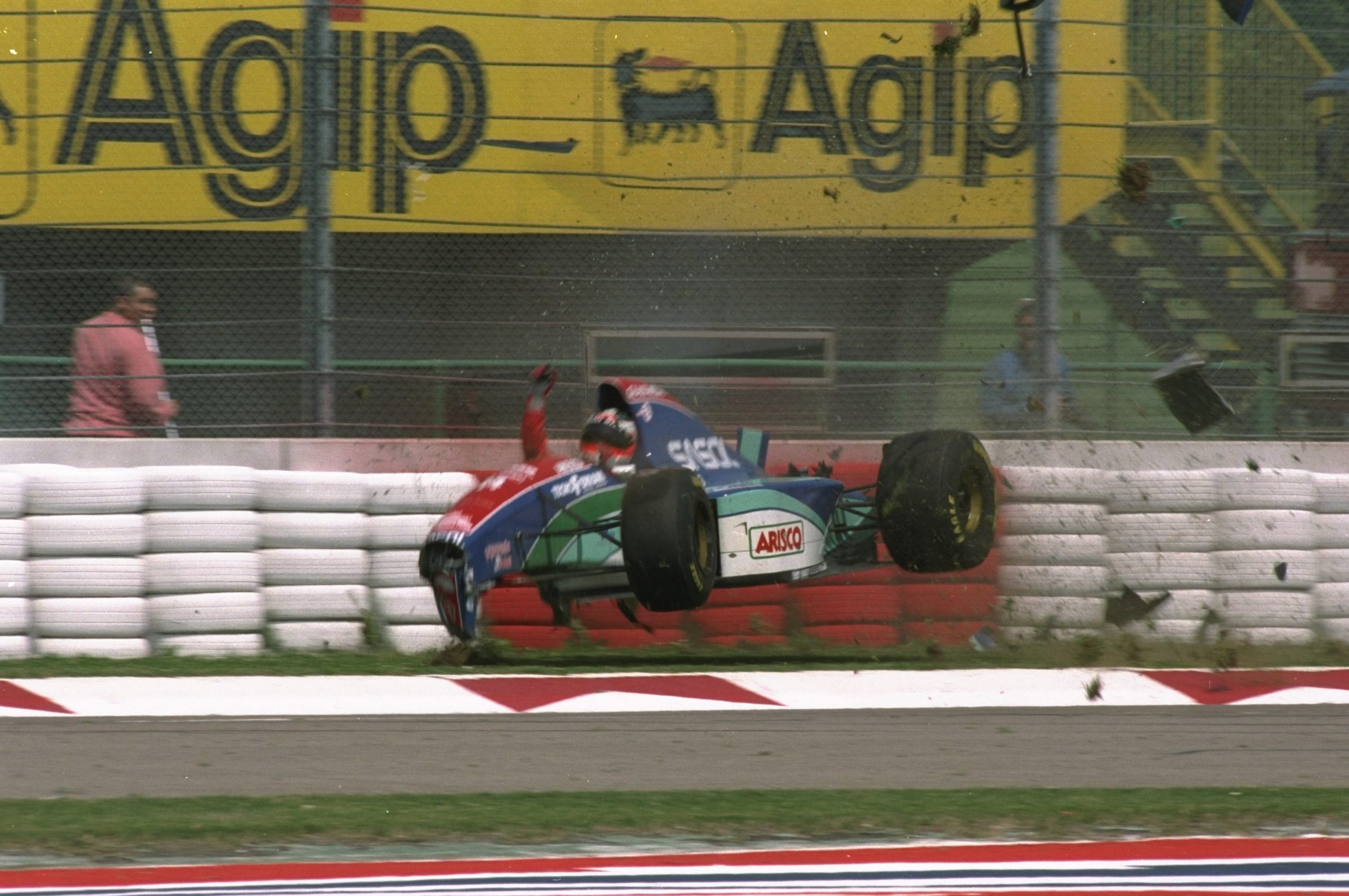 Rubens Barrichello of Brazil crashes at 160 mph in his Jordan Hart during the first official practice for the San Marino Grand Prix at the Imola circuit in San Marino. Barrichello escaped serious injury.  Mandatory Credit: Anton  Want/Allsport