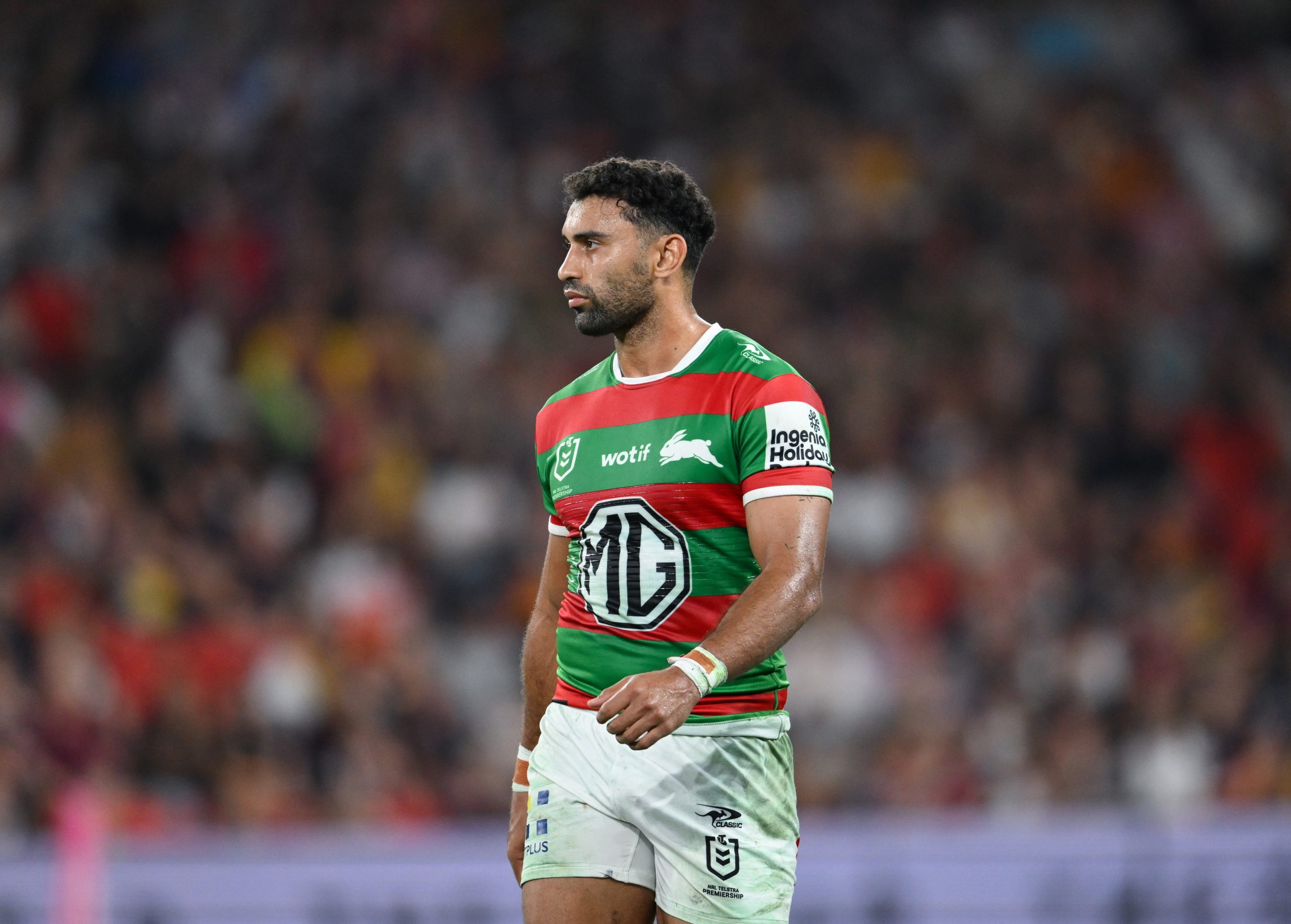 Alex Johnston of the South Sydney Rabbitohs in action against the Brisbane Broncos.