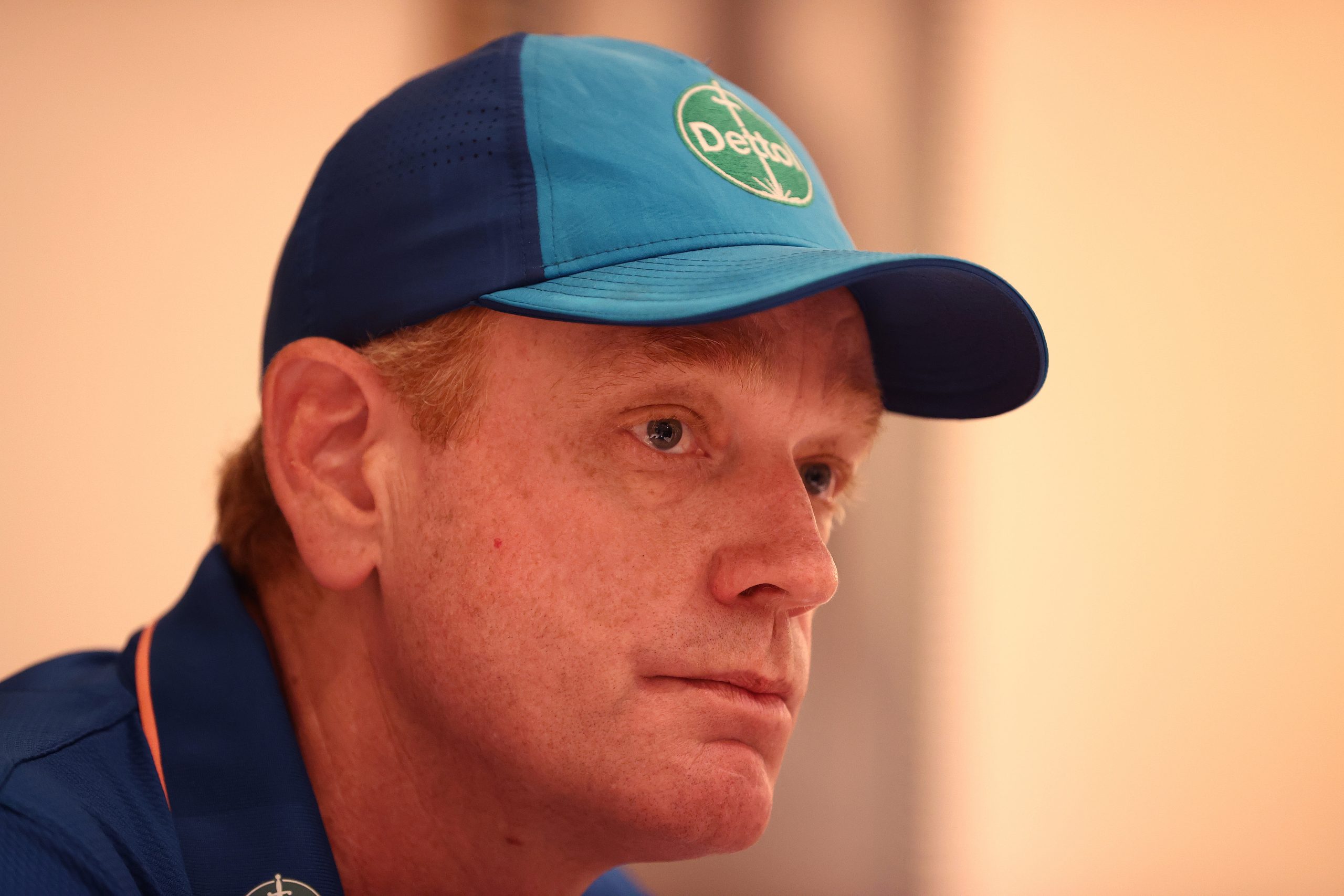 DELHI, INDIA - FEBRUARY 20: Australian coach Andrew McDonald speaks to the media during an Australia press conference at LaLit Hotel on February 20, 2023 in Delhi, India. (Photo by Robert Cianflone/Getty Images)