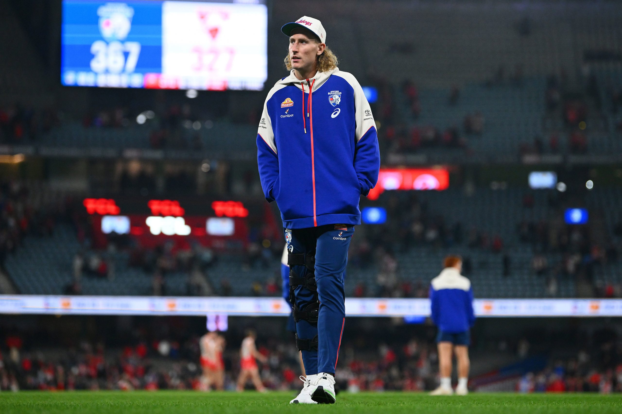 Aaron Naughton of the Bulldogs after hurting his knee.