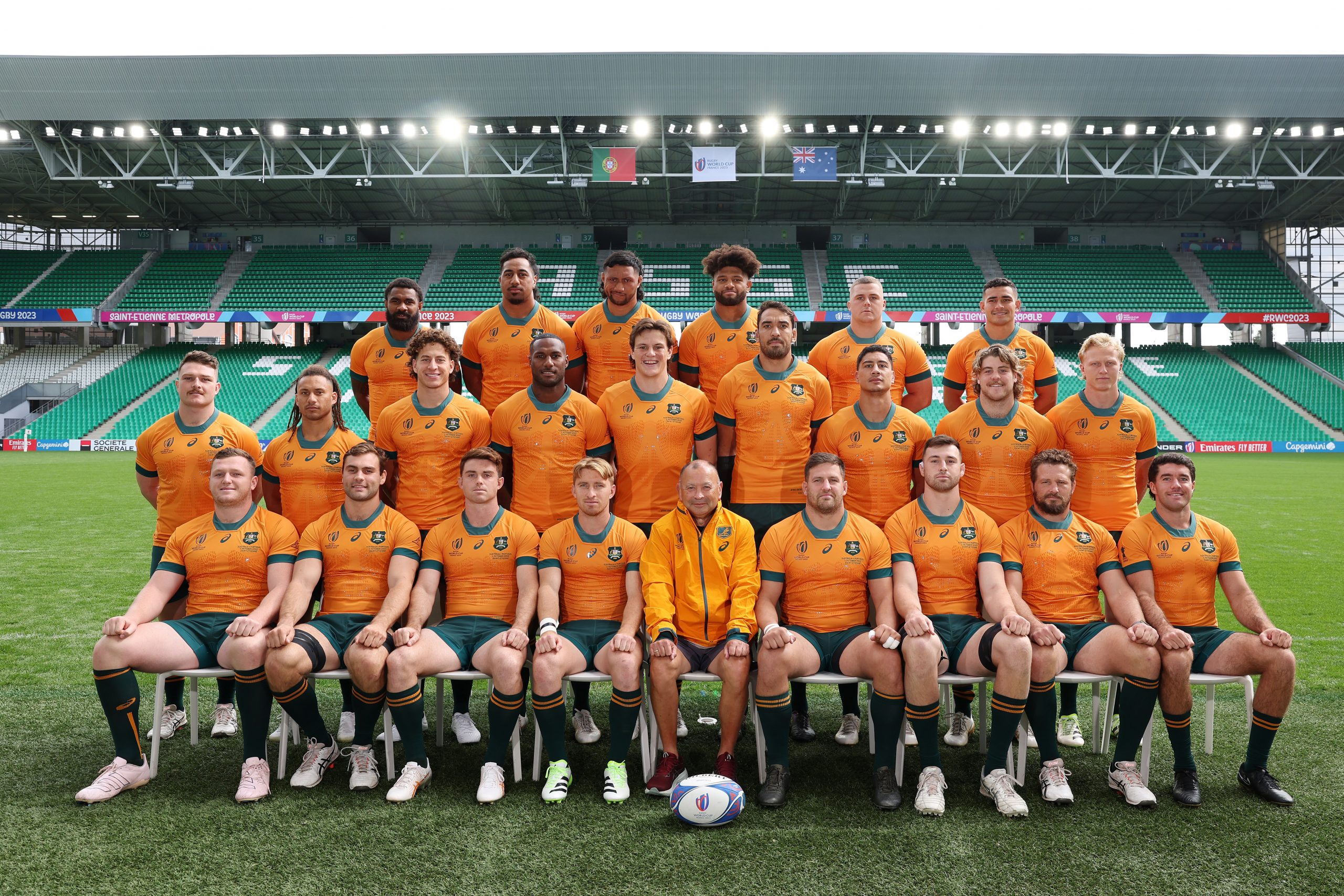 The Wallabies pose for the team photograph ahead of their Rugby World Cup France 2023 match against Portugal.
