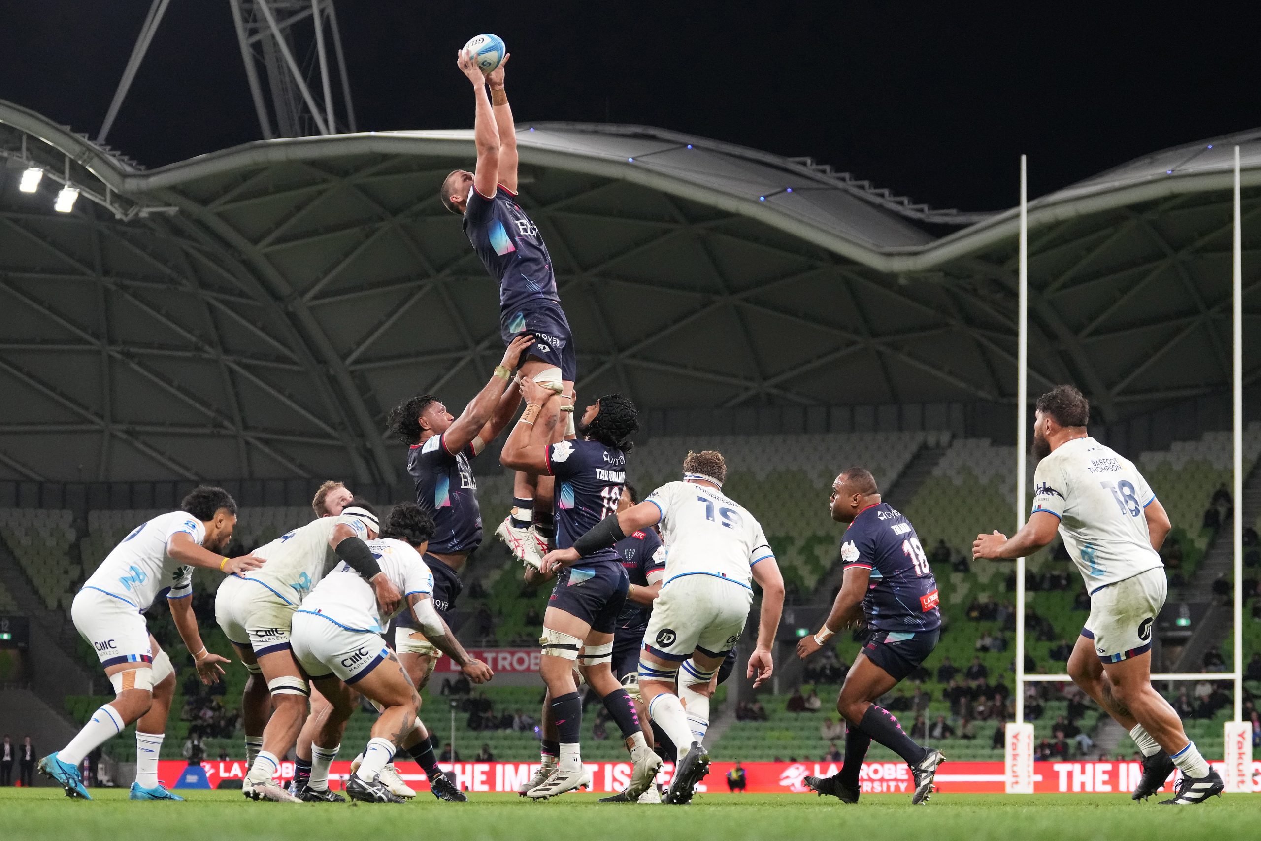 Josh Canham of the Rebels wins the line out during the round 11 Super Rugby Pacific match against the Blues.