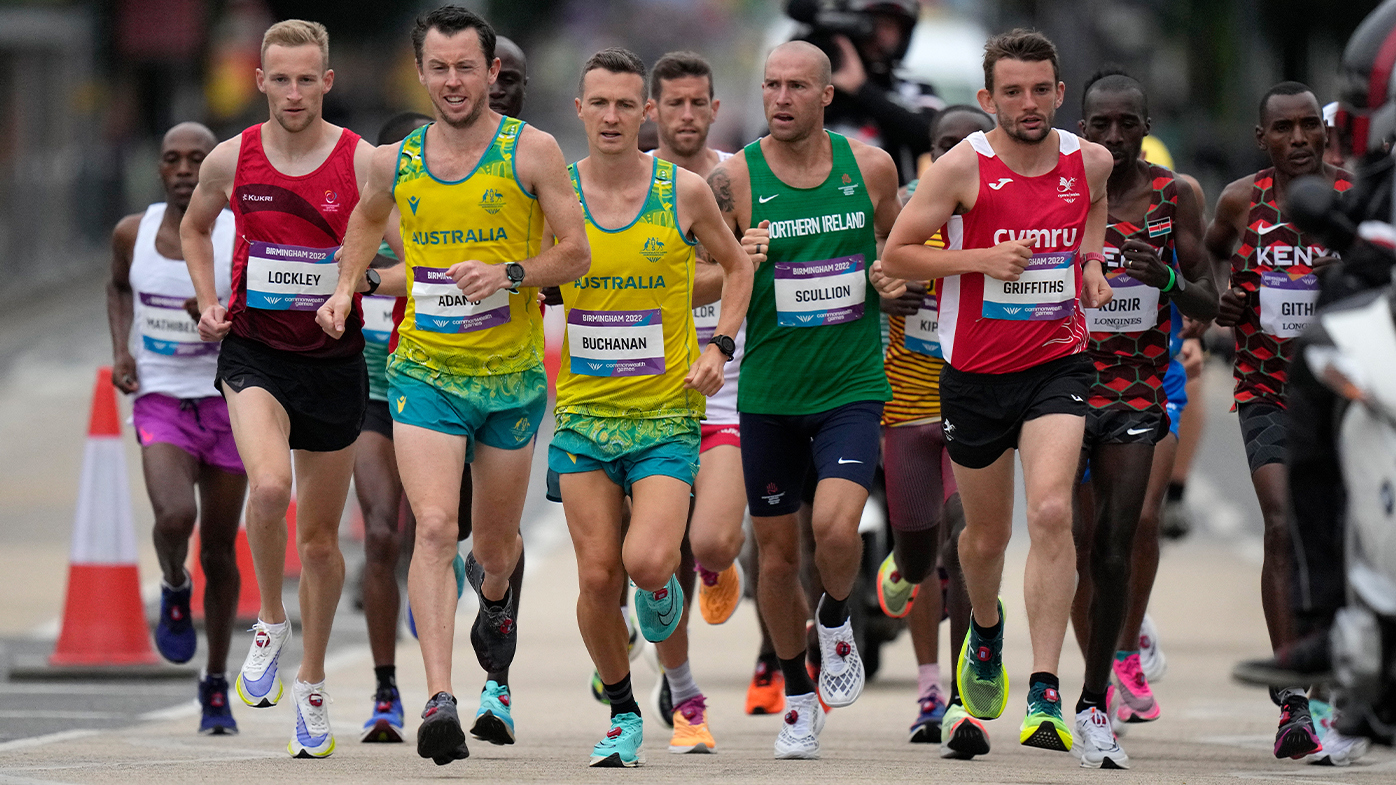 Australian marathon runners Liam Adams and Andy Buchanan competing at the Birmingham 2022 Commonwealth Games.