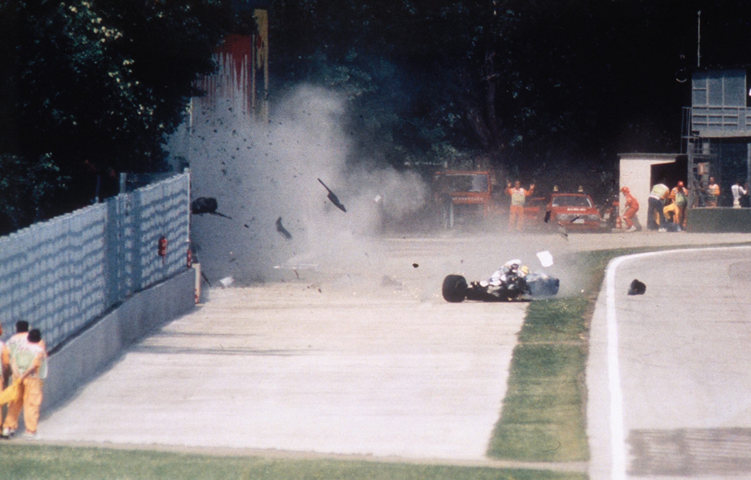 Ayrton Senna crashes into a wall during the 1994 San Marino Grand Prix in Imola, Italy. Senna later died at the Maggiore Hospital in Bologna. (Photo by Alberto Pizzoli/Sygma/Sygma via Getty Images)