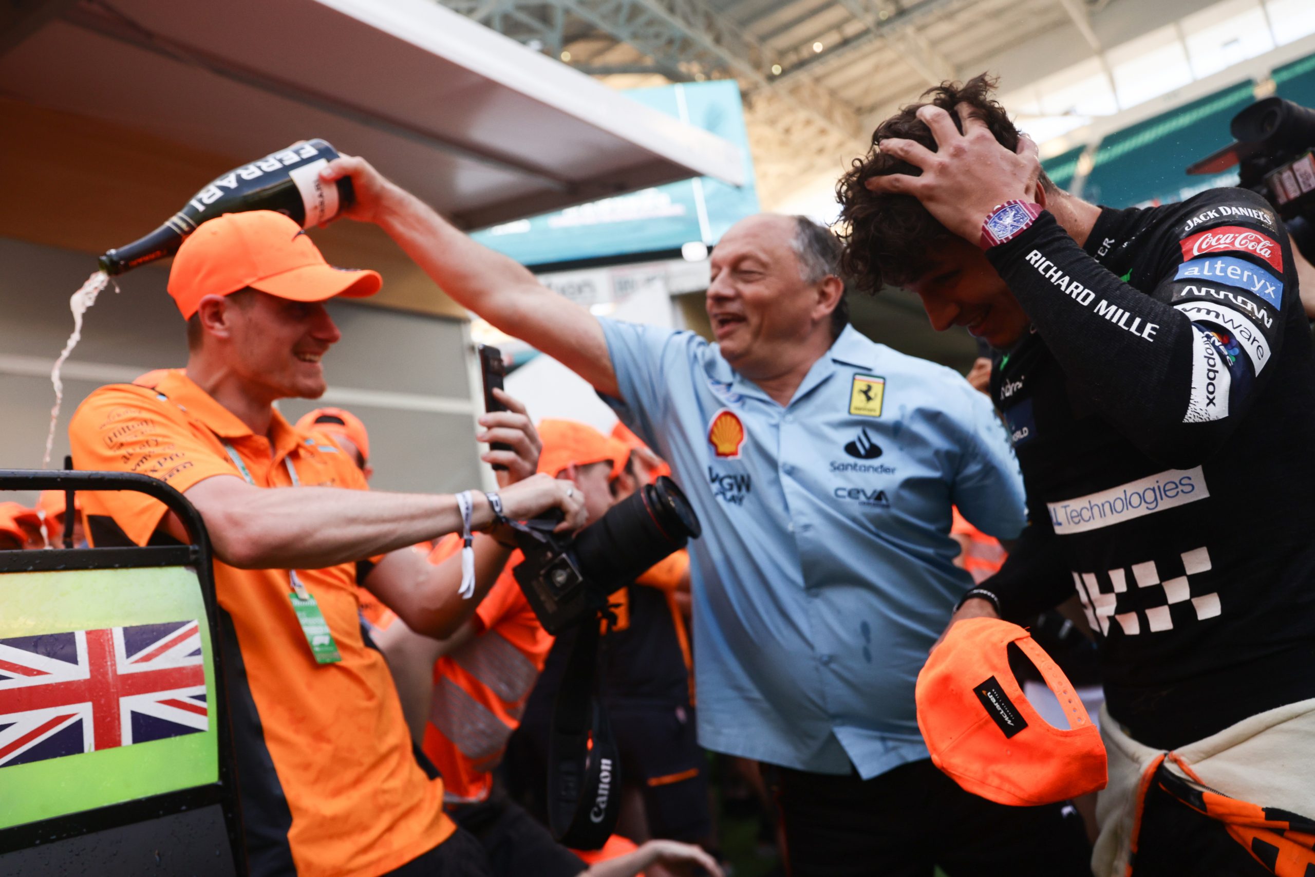 Frederic Vasseur and Lando Norris of McLaren after the Formula 1 Miami Grand Prix at Miami International Autodrome in Miami, United States on May 5, 2024. (Photo by Jakub Porzycki/NurPhoto)