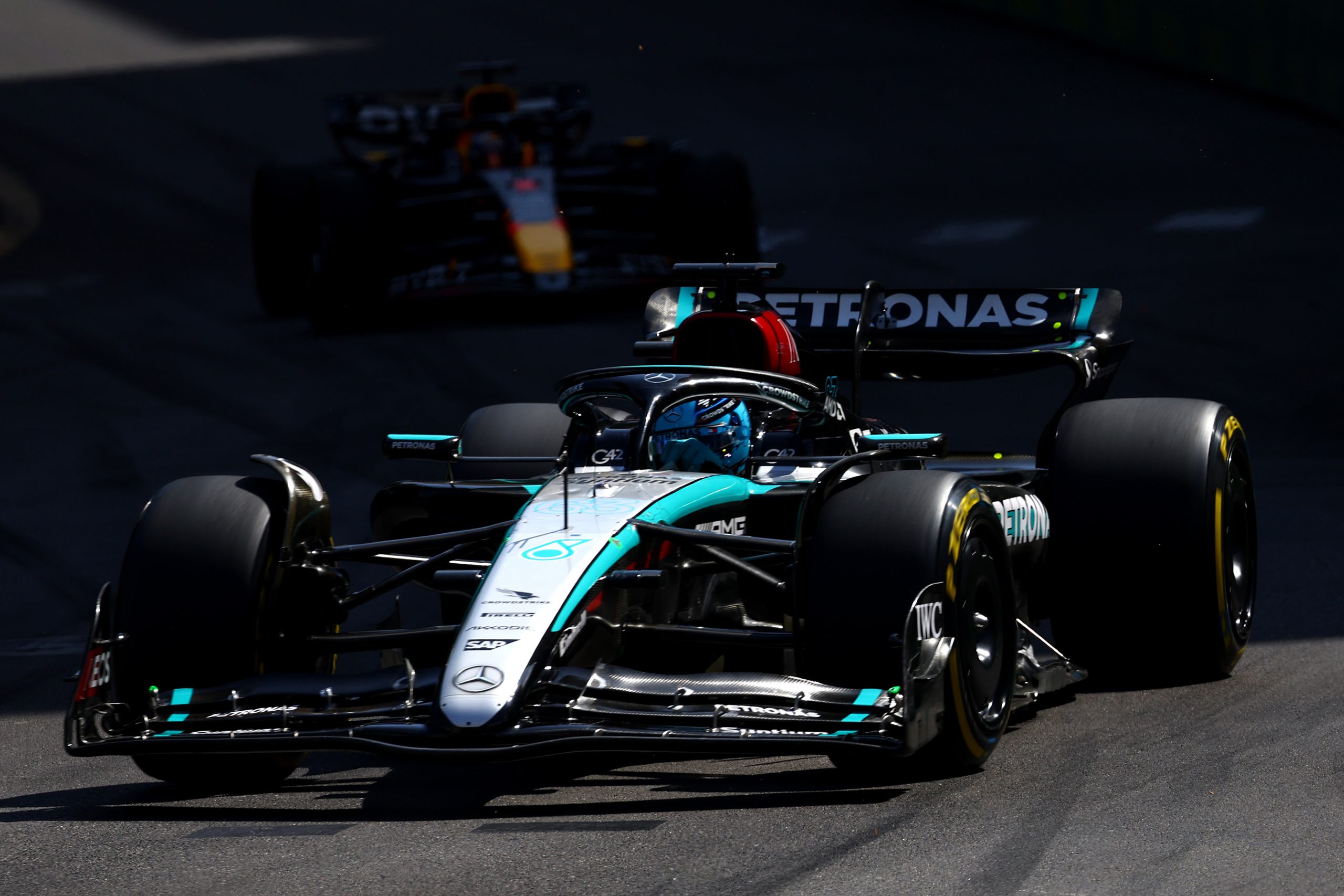 MONTE-CARLO, MONACO - MAY 26: George Russell of Great Britain driving the No.63 Mercedes W15 on track during the F1 Grand Prix of Monaco.
