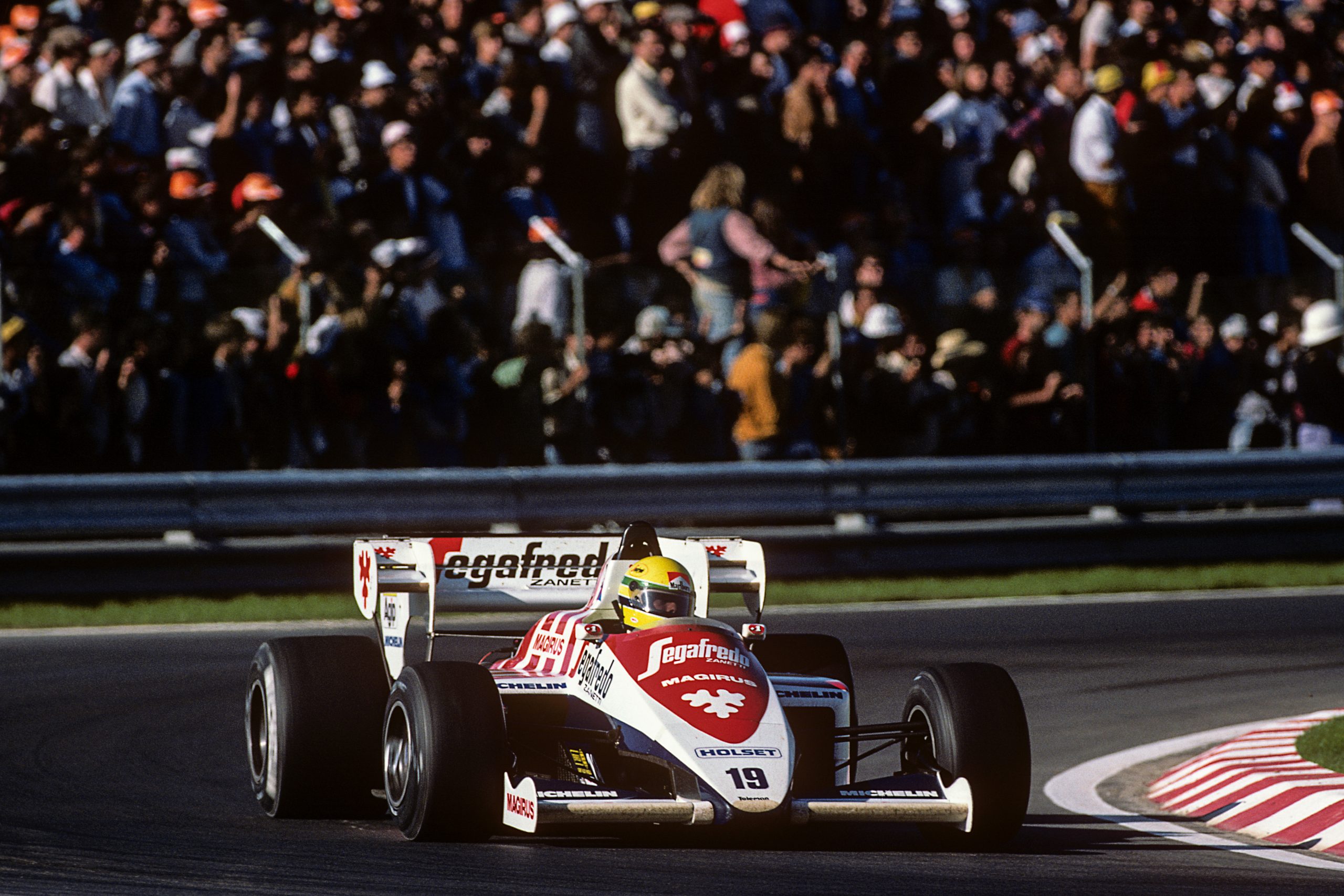 Ayrton Senna, Toleman-Hart TG184, Grand Prix of Portugal, Autodromo do Estoril, 21 October 1984. (Photo by Paul-Henri Cahier/Getty Images)