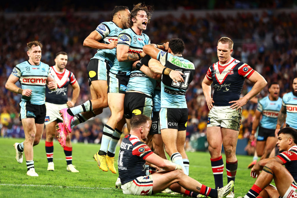 The Cronulla Sharks celebrating their magic round win.