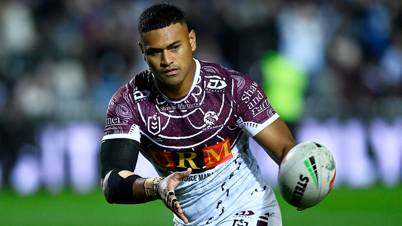 Haumole Olakau'atu in action for Manly against the Storm.