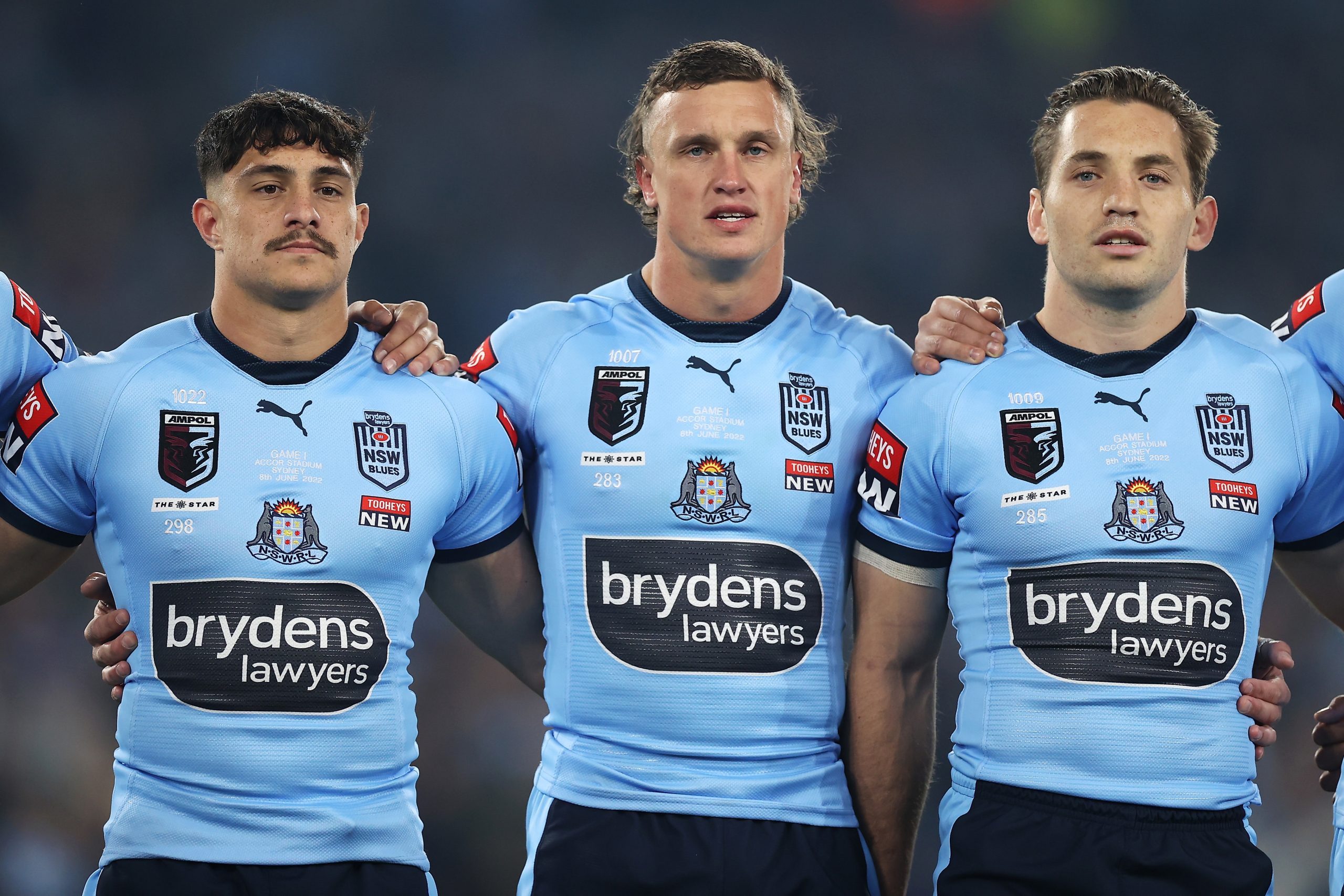  Kotoni Staggs, Jack Wighton and Cameron Murray at game one of the 2022 State of Origin series. (Photo by Mark Kolbe/Getty Images)