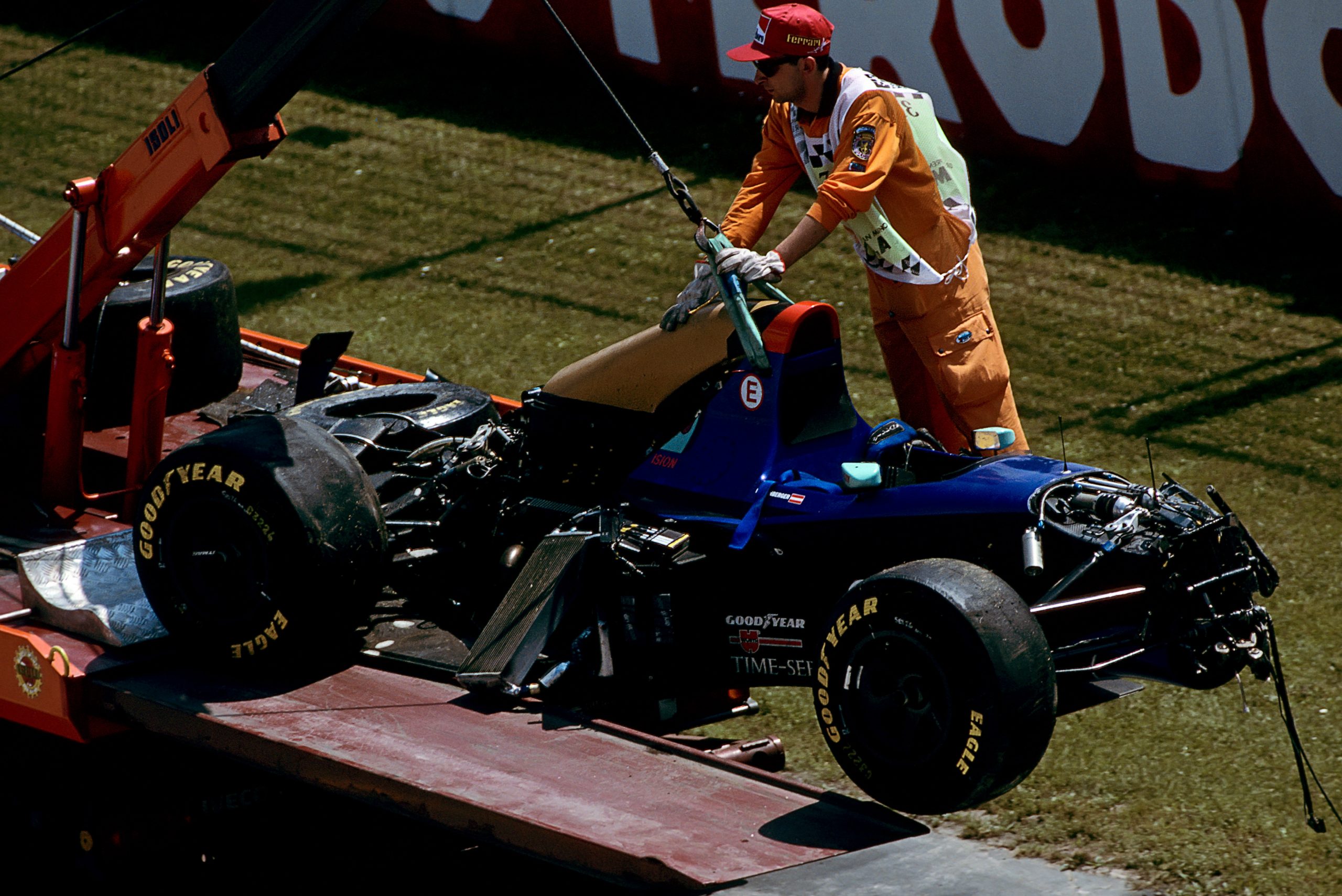 The remains of Roland Razenberger's car after his fatal crash during qualifying for the 1994 San Marino Grand Prix in Imola. (Photo by Paul-Henri Cahier/Getty Images)