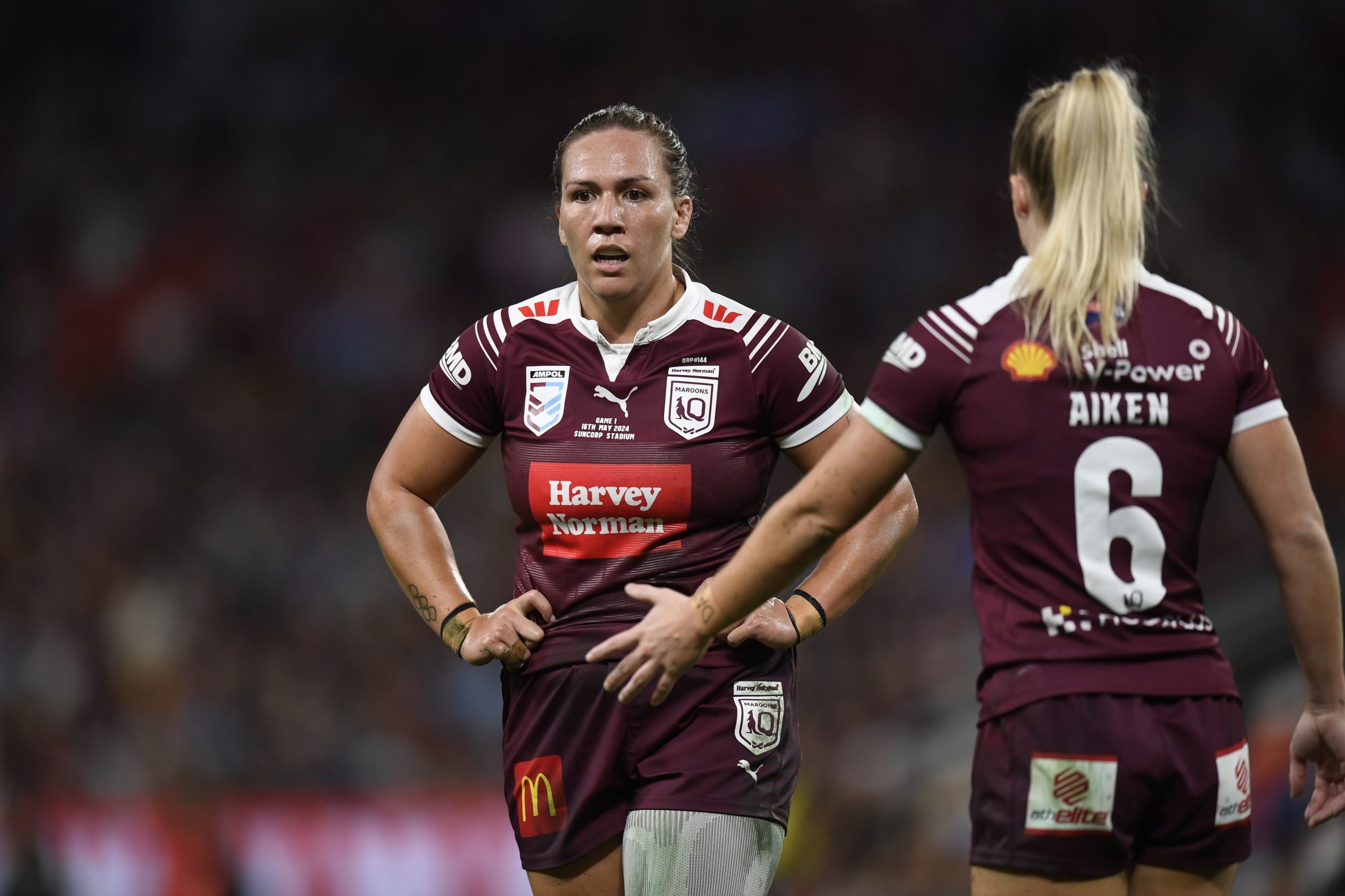 Evania Pelite during the first half of the series opening women's State of Origin clash at Suncorp Stadium.