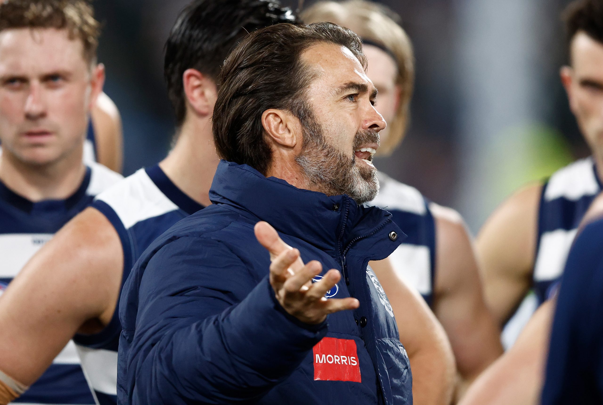 Chris Scott, Senior Coach of the Cats addresses his players during the 2024 AFL Round 09 match between the Geelong Cats and Port Adelaide Power at GMHBA Stadium on May 10, 2024 in Geelong, Australia. (Photo by Michael Willson/AFL Photos via Getty Images)