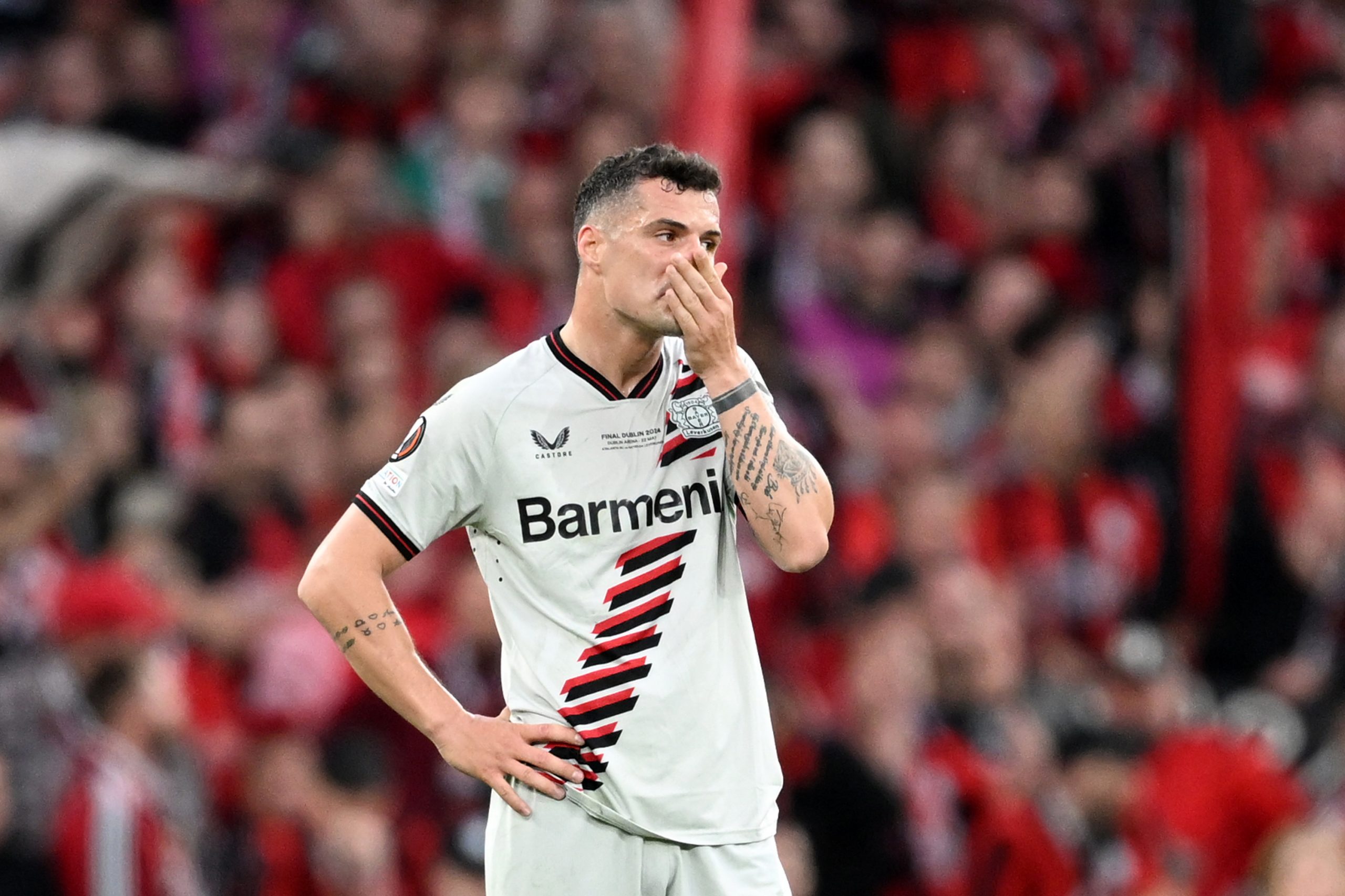 Granit Xhaka of Bayer Leverkusen looks dejected in Dublin.