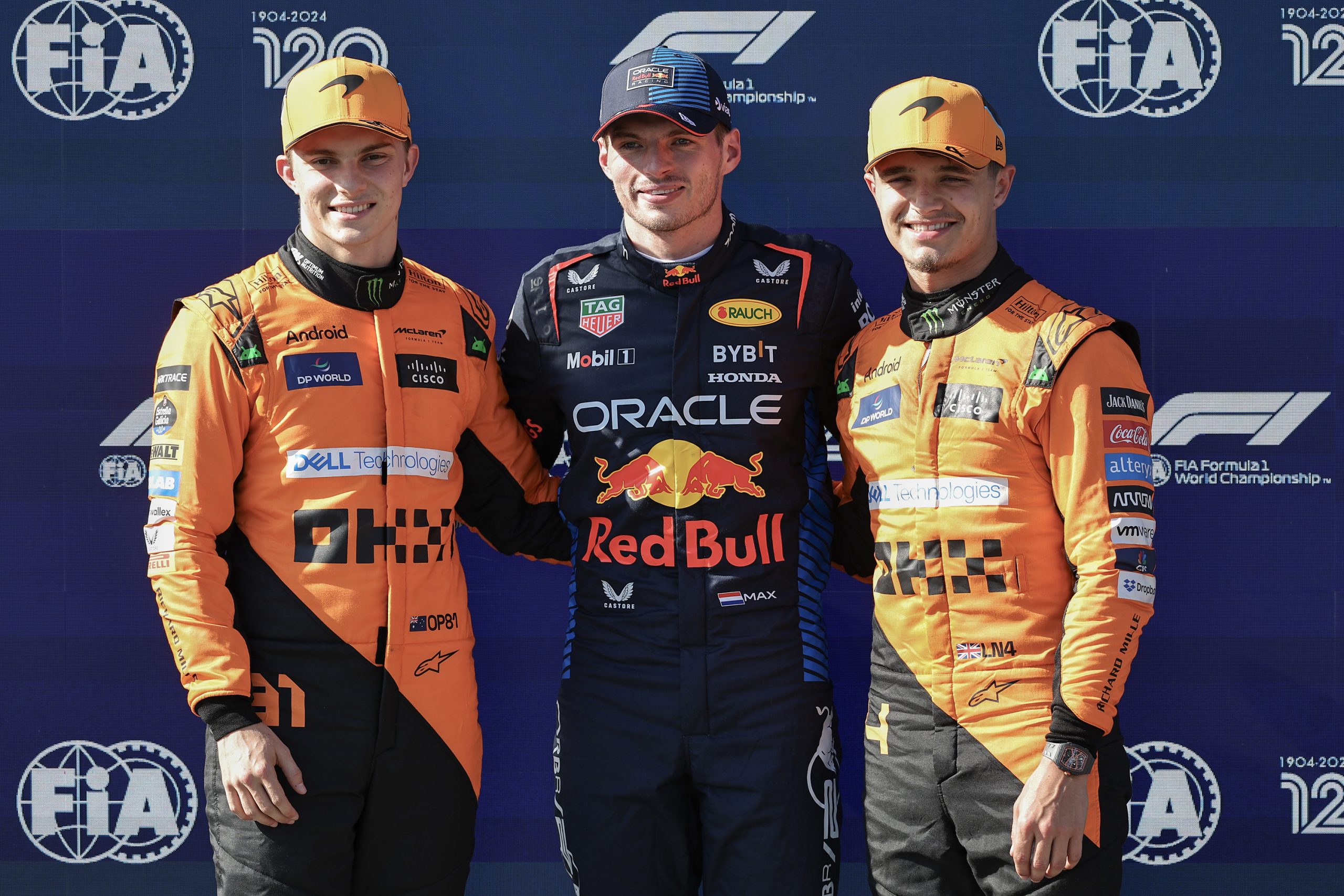 Oscar Piastri of Australia and McLaren F1 Team, Max Verstappen of the Netherlands and Oracle Red Bull Racing and Lando Norris of Great Britain and McLaren F1 Team in parc feme during qualifying ahead of the F1 Grand Prix of Emilia-Romagna at Autodromo Enzo e Dino Ferrari Circuit on May 18, 2024 in Imola, Italy.(Photo by Qian Jun/MB Media/Getty Images)