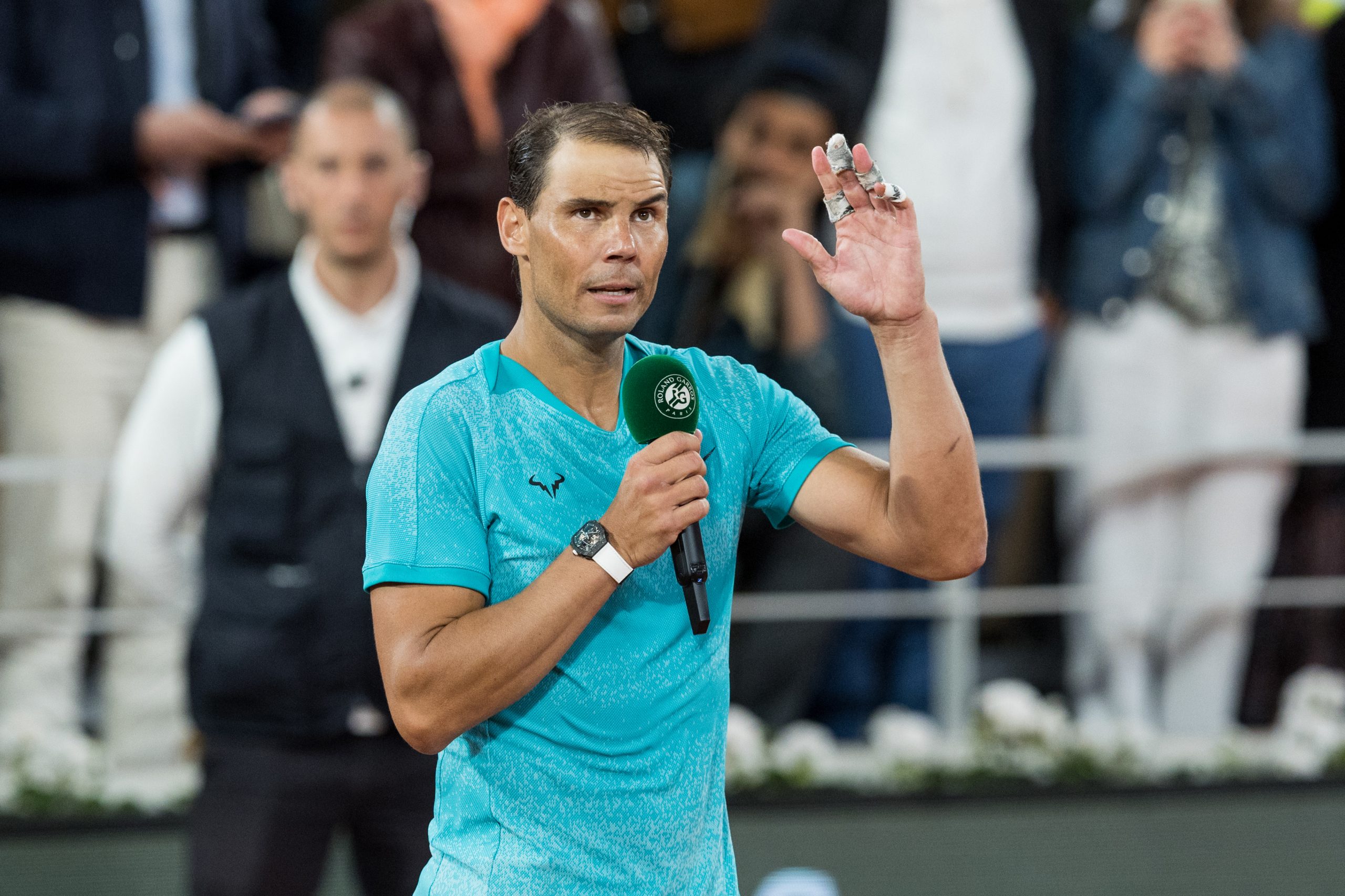 Rafael Nadal addressing the crowd after his loss at the French Open.
