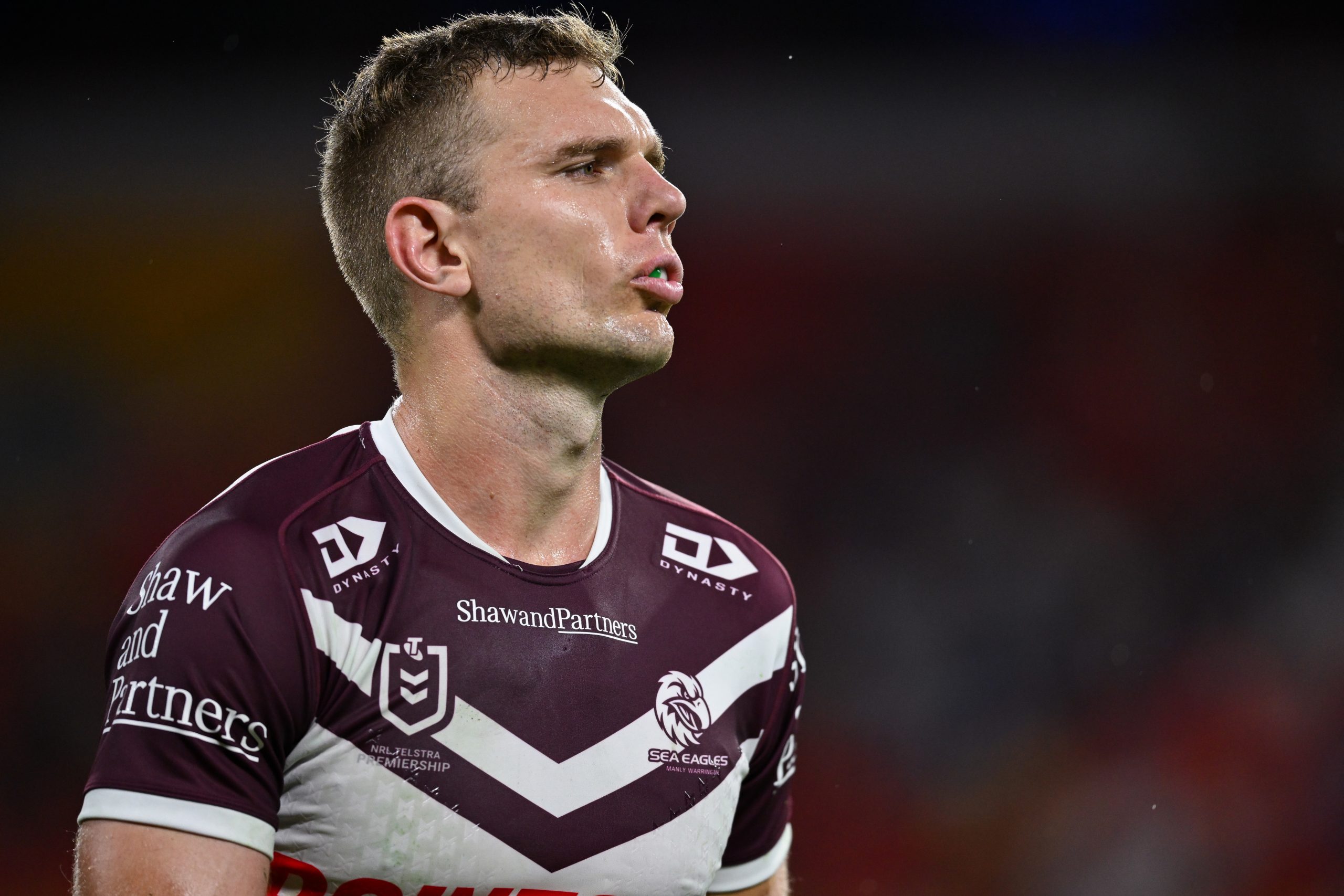 Tom Trbojevic in action for the Sea Eagles against the Dolphins.