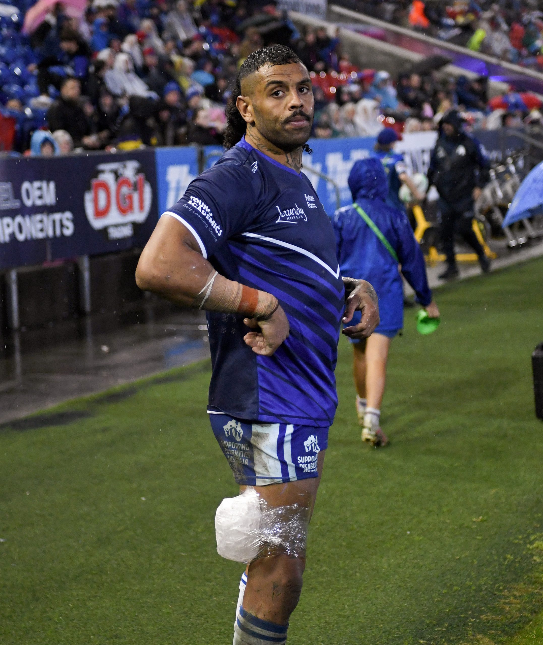 Josh Addo-Carr on the sideline with an ice pack strapped to his leg after suffering a hamstring injury against the Knights. 