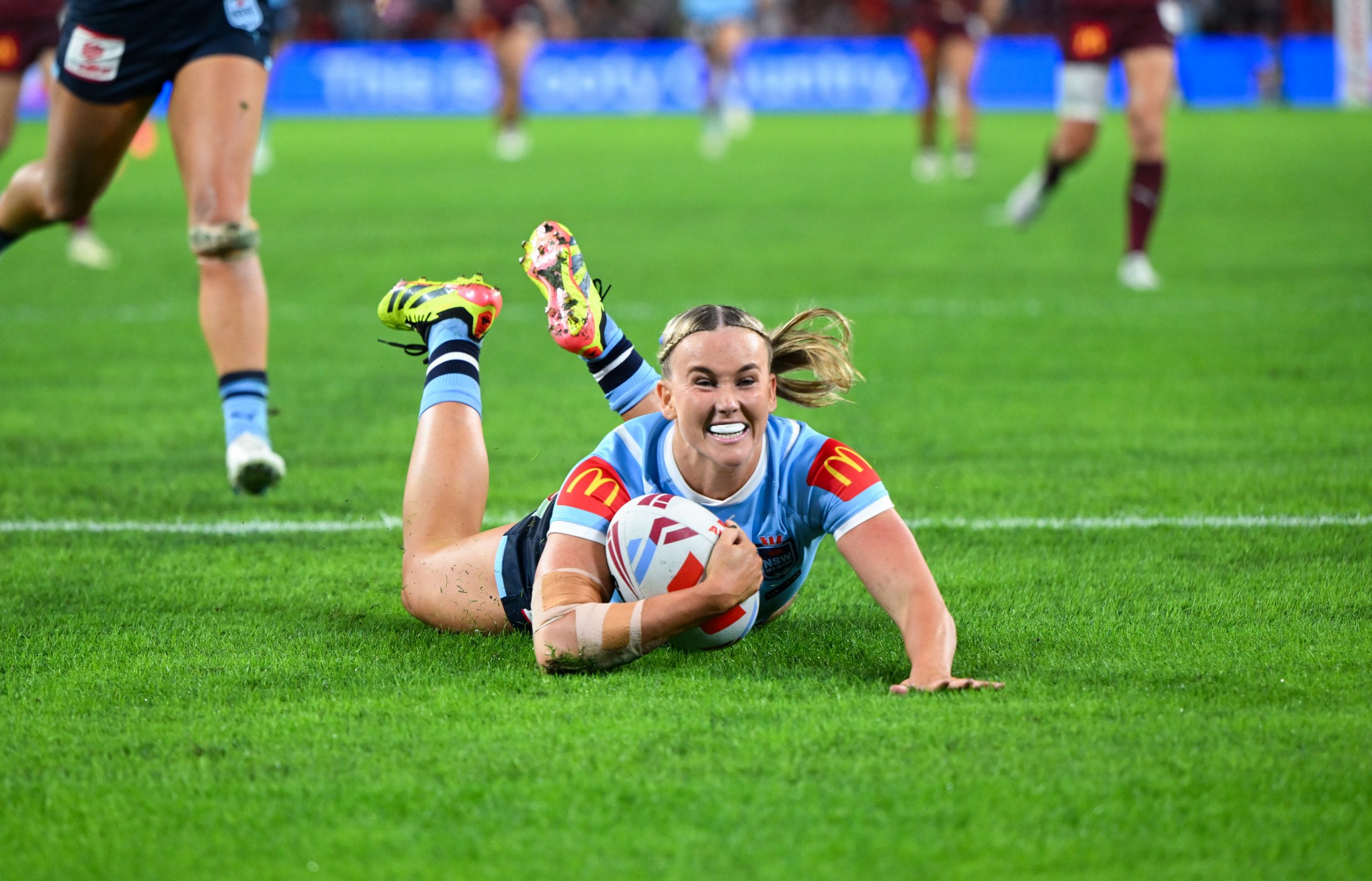 Jaime Chapman ran nearly 80m to score this try for the Sky Blues in the Women's State of Origin series opener.