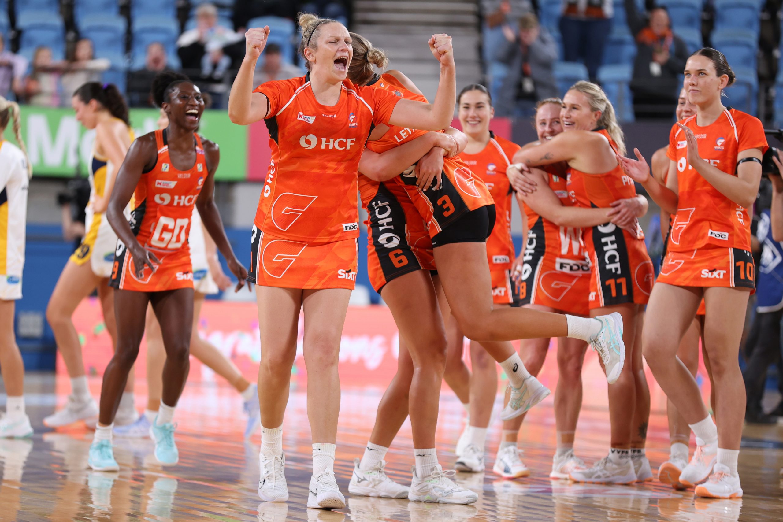 Jo Harten of the GIANTS celebrates victory during the round five Super Netball match between Giants Netball and Sunshine Coast Lightning at Ken Rosewall Arena on May 11, 2024 in Sydney, Australia. (Photo by Jason McCawley/Getty Images)