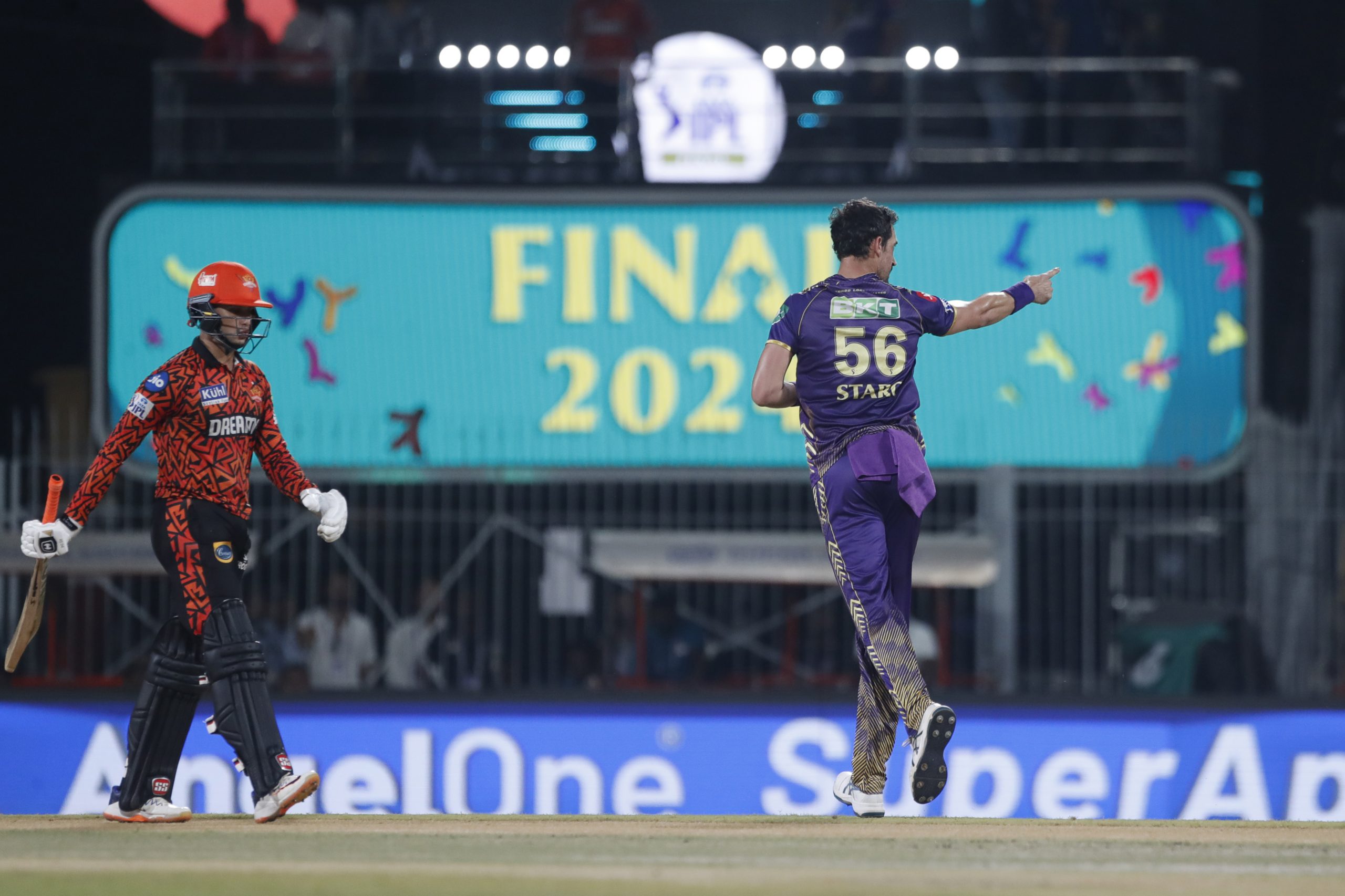 Mitchell Starc of Kolkata Knight Riders celebrates the wicket of Abhishek Sharma of Sunrisers Hyderabad during the 2024 IPL Final match between the Kolkata Knight Riders and Sunrisers Hyderabad at MA Chidambaram Stadium on May 26, 2024 in Chennai, India. (Photo by Pankaj Nangia/Getty Images)