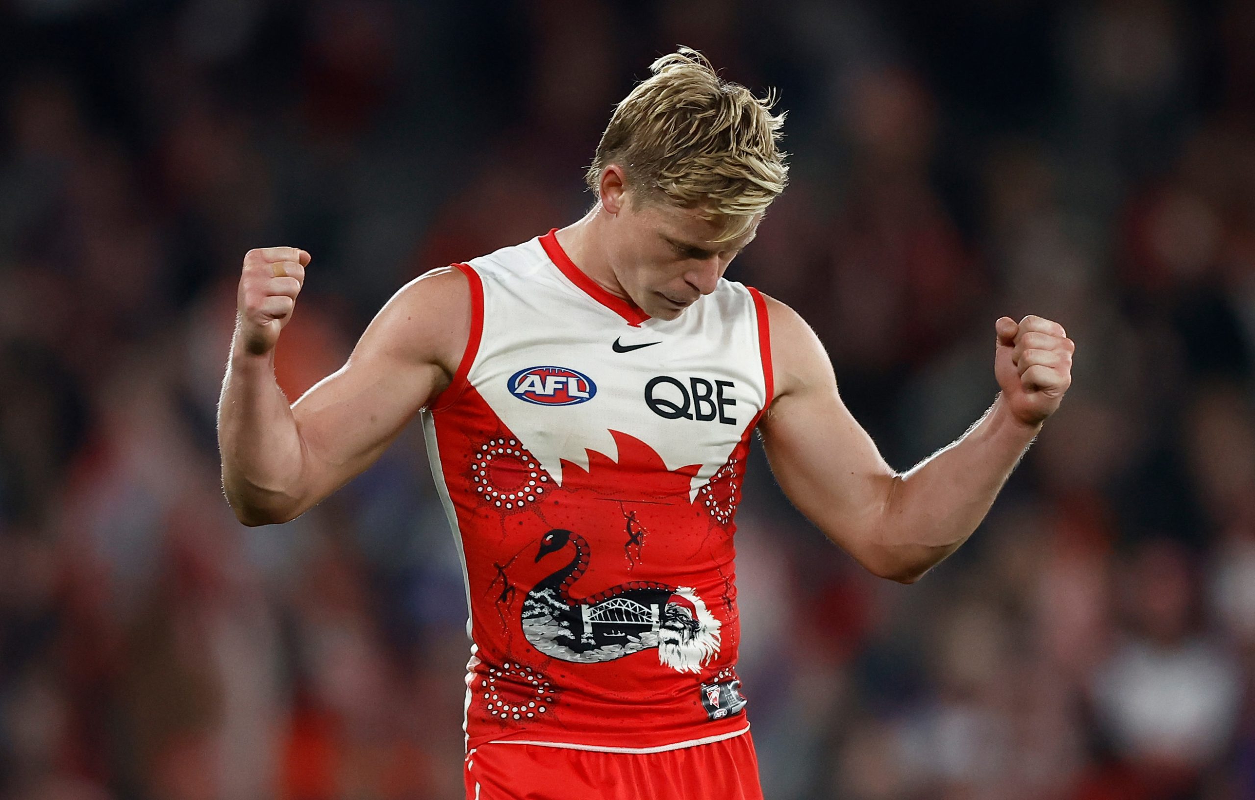 Isaac Heeney of the Swans celebrates during the 2024 AFL Round 11 match between the Western Bulldogs and the Sydney Swans at Marvel Stadium on May 23, 2024 in Melbourne, Australia. (Photo by Michael Willson/AFL Photos via Getty Images)