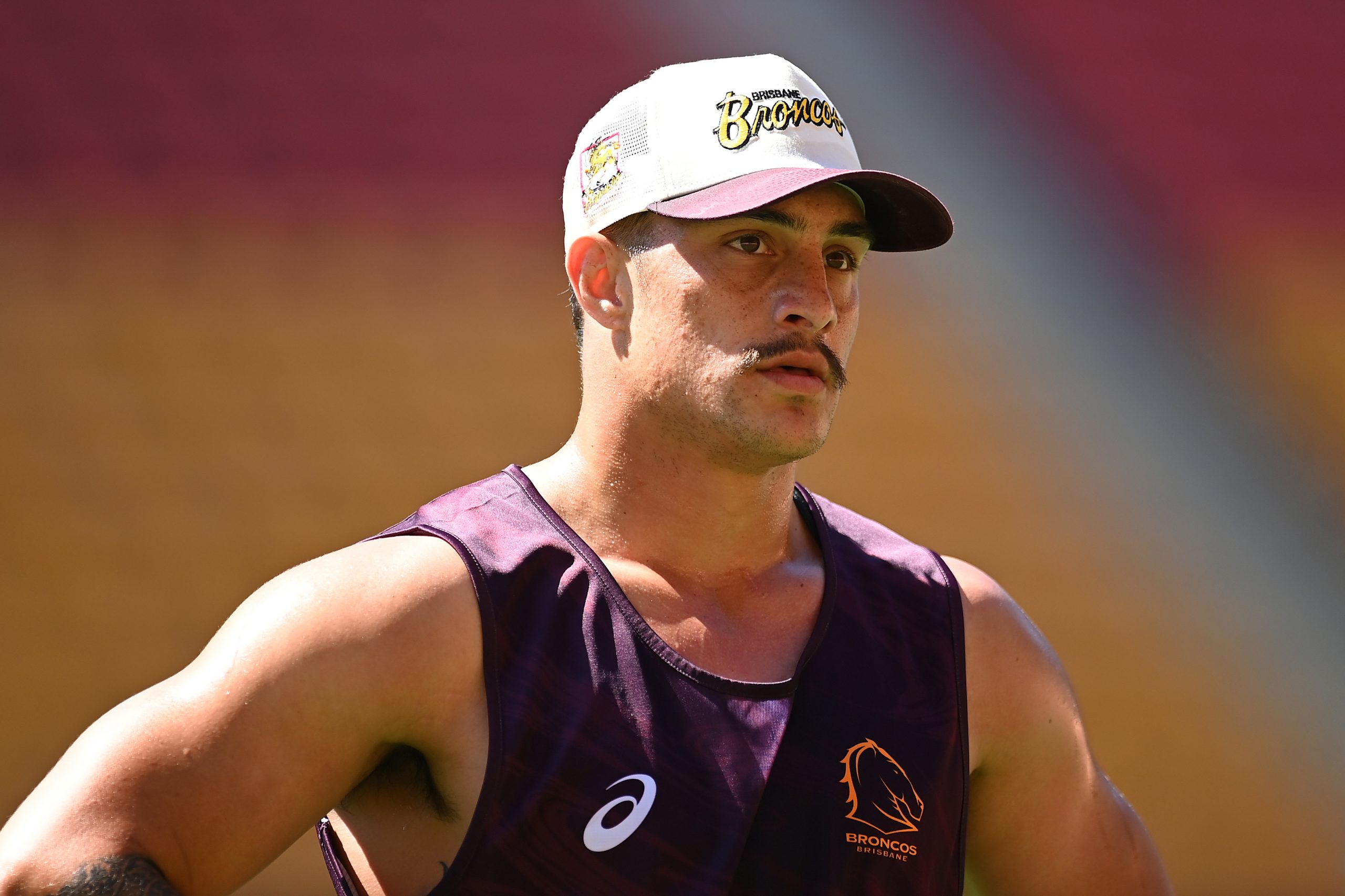 BRISBANE, AUSTRALIA - SEPTEMBER 20: Kotoni Staggs is seen during a Brisbane Broncos NRL training session at Suncorp Stadium on September 20, 2023 in Brisbane, Australia. (Photo by Albert Perez/Getty Images)