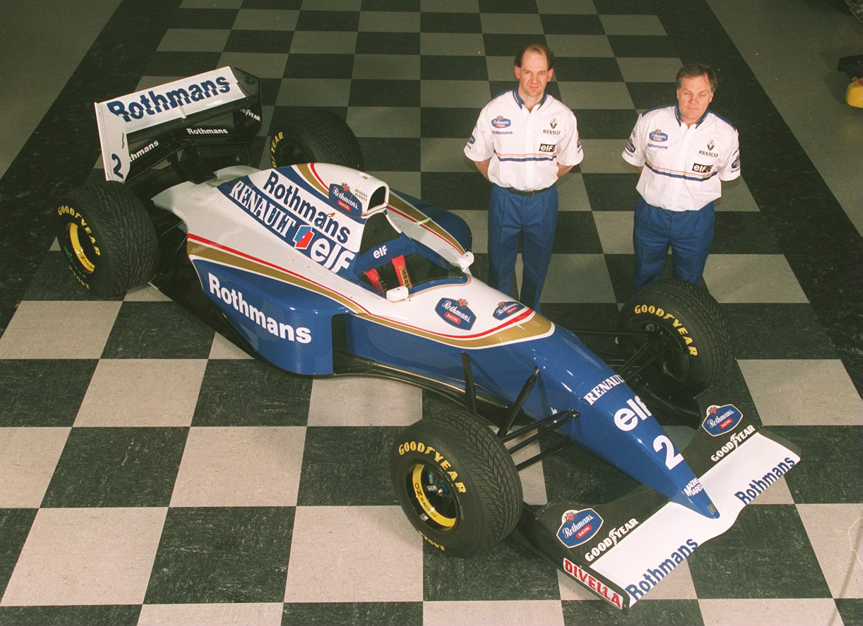 Adrian Newey and Patrick Head pose with the 1994 Williams FW16.(Photo by Steve Etherington/EMPICS via Getty Images)