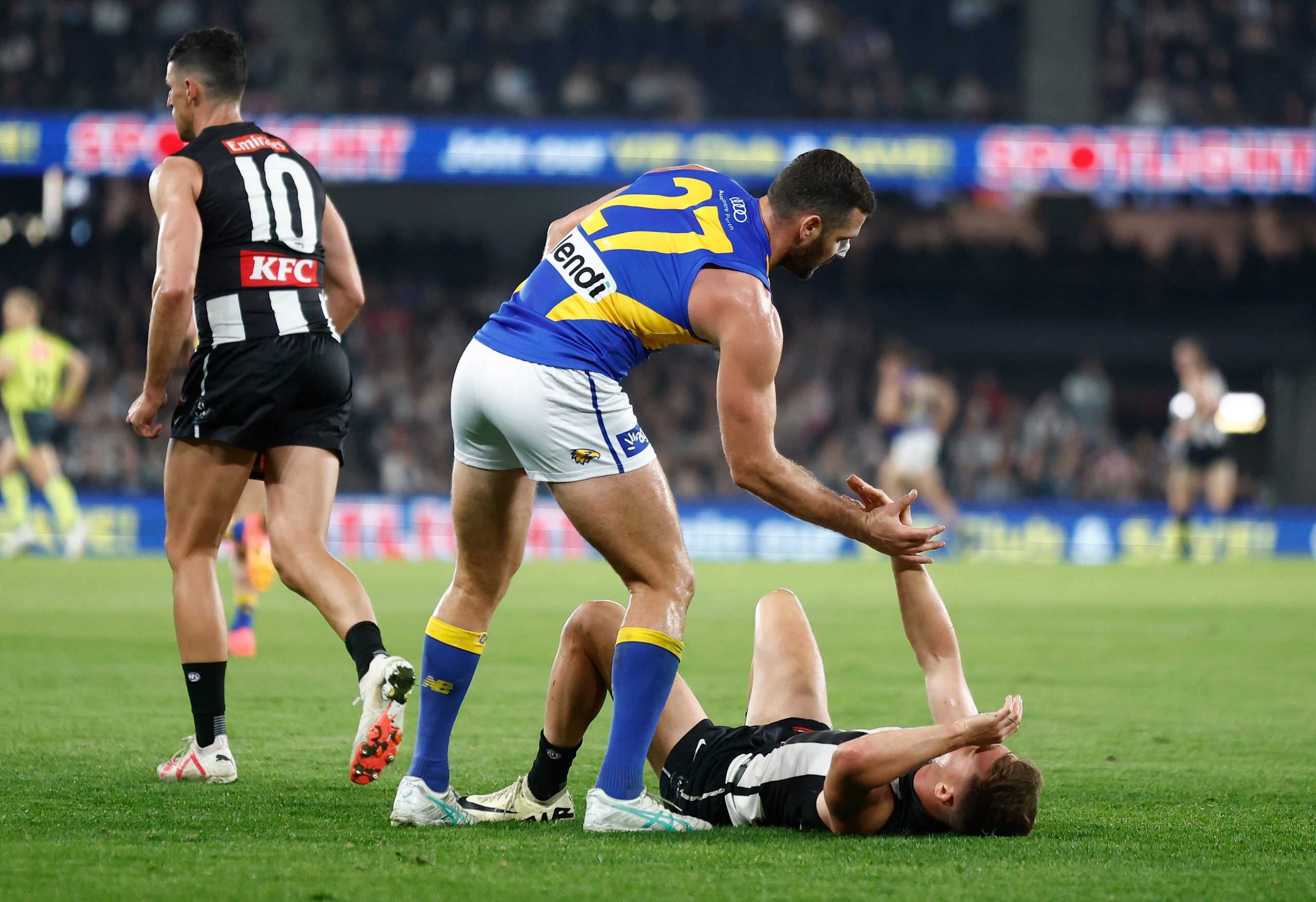 Jack Darling helped Jack Bytel up after a heavy fall.