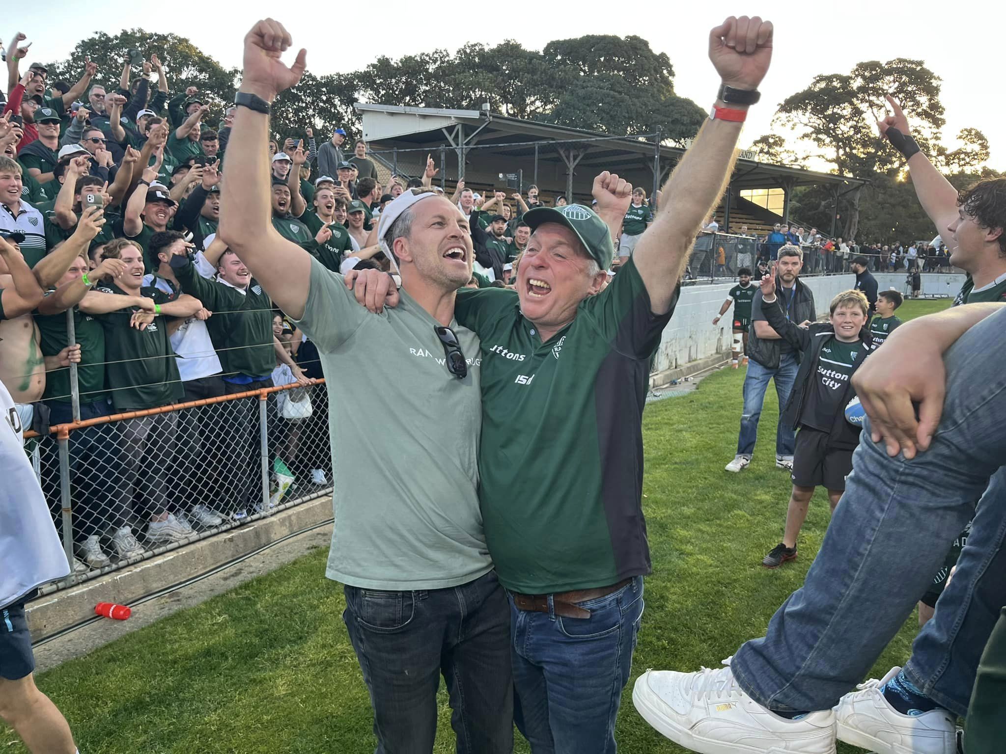 Randwick's Stephen Hoiles and Mark Harrison celebrate winning the 2023 Shute Shield.